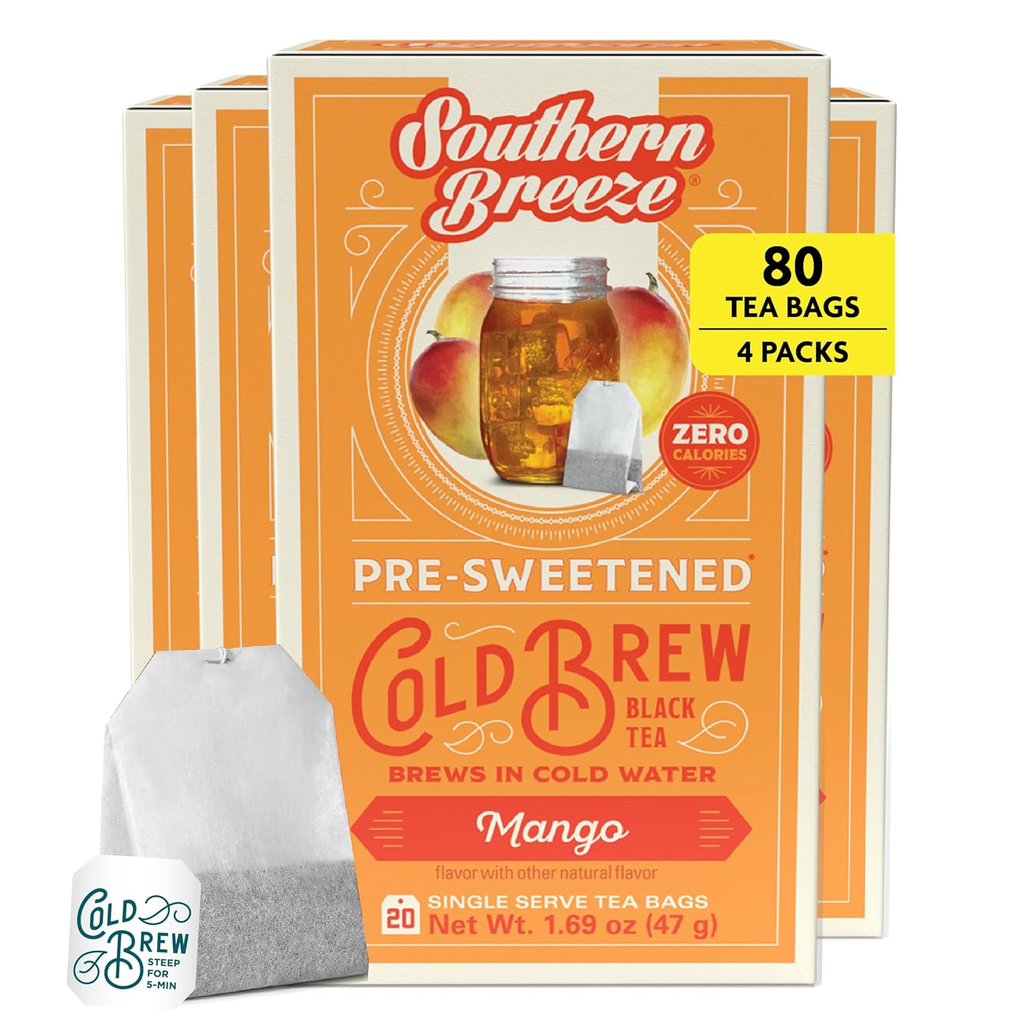 Southern Breeze Cold Brew Sweet Tea Mango Iced Tea with Black Tea and Zero Carbs Zero Sugar, 20 Individually Wrapped Tea Bags, Pack of 4