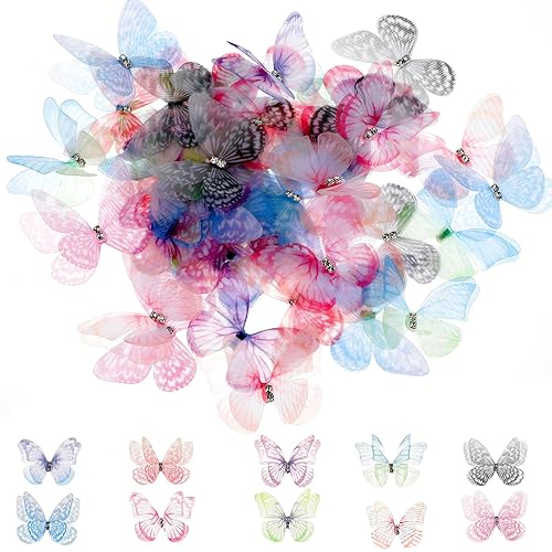 60 Pcs Butterflies for Crafts, Organza Fabric Butterfly Appliques Colorful
