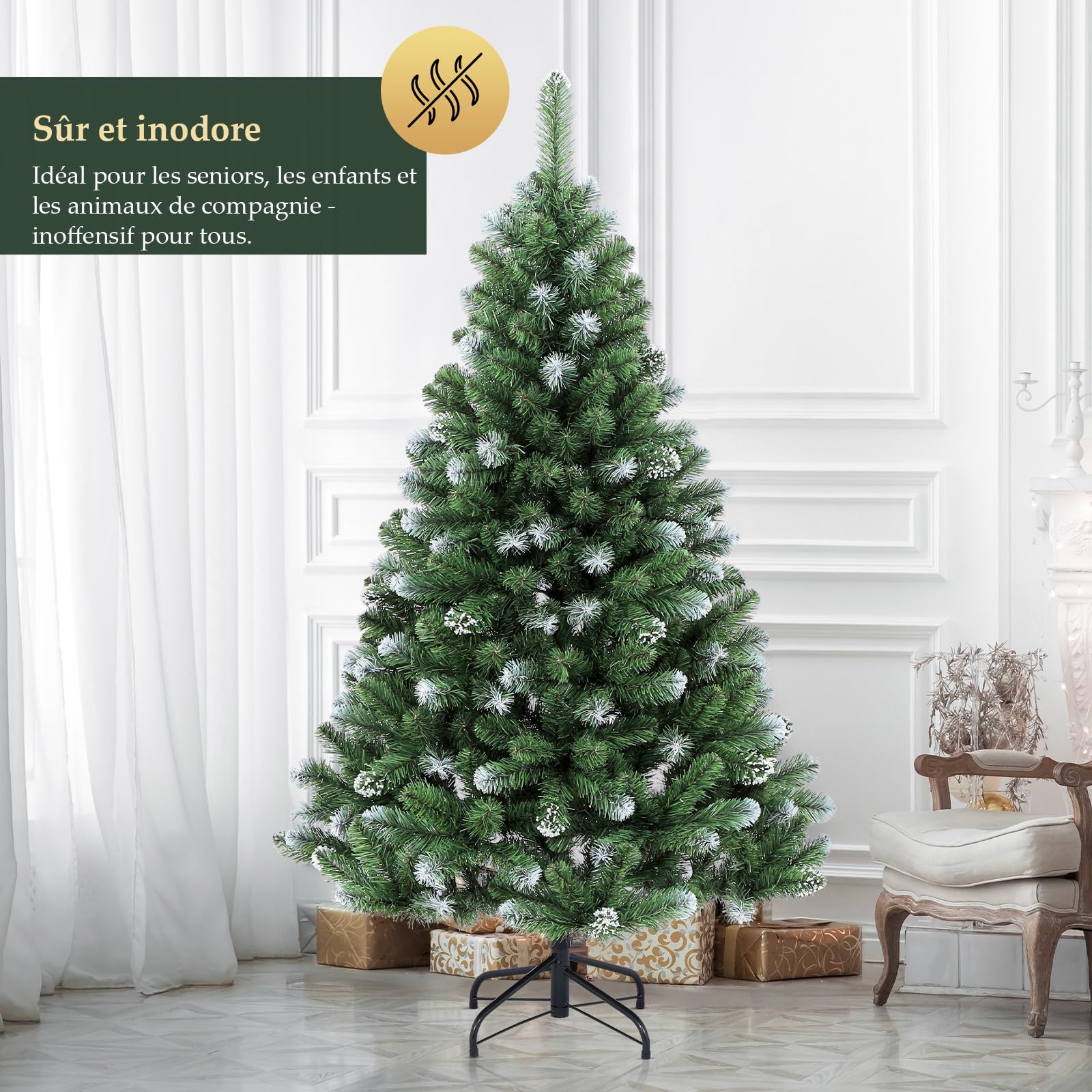 SALCAR Sapin de Noël Artificiel 150 cm, Décoration Parfaite pour Salon, Bureau et Entrée, Neige et Tronc en Métal