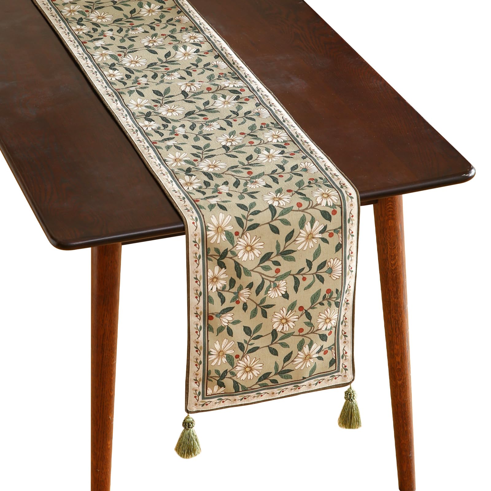 ISAENNE Designer Green Elegant Linen Table Runner 71 Inches Long,Flower and Leaves Pattern Wrinkle Resistant Table Runners for Dining Tables,