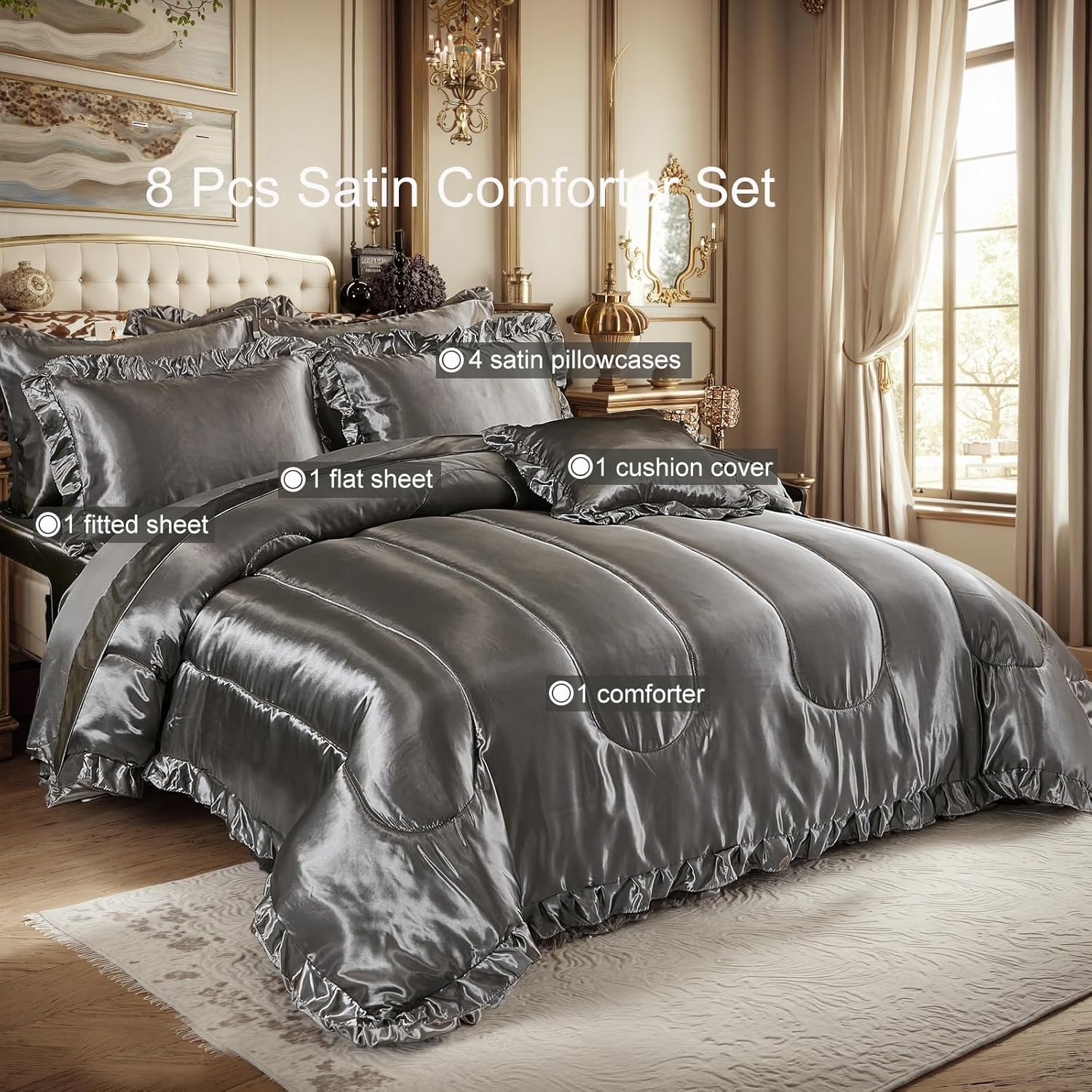 Grey Comforter Set with Satin Sheet Set King 8 Pieces Silk Like Satin Bedding Set Luxury Silky Ruffle Pattern Home Deocr Sexy Hotel Silky Bed Set with 1 Cushion Cover