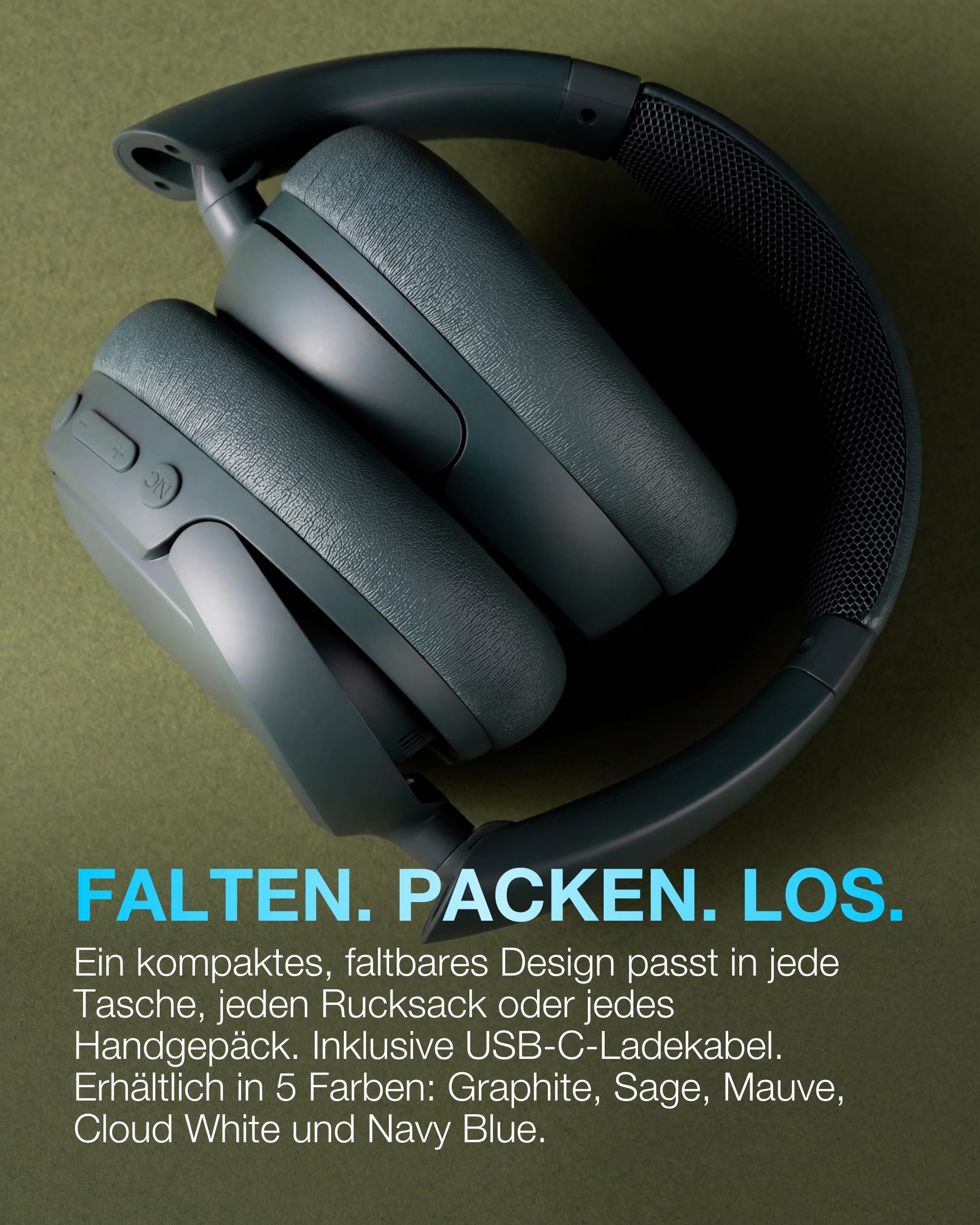 JLab JBuds LUX ANC Noise Cancelling Kopfhörer Over Ear Bluetooth kabellos mit Mikrofon und aktiver Geräuschunterdrückung, 70+ Std. Spielzeit, Faltbare Bluetooth Headphones, Immersive Audio, Salbei