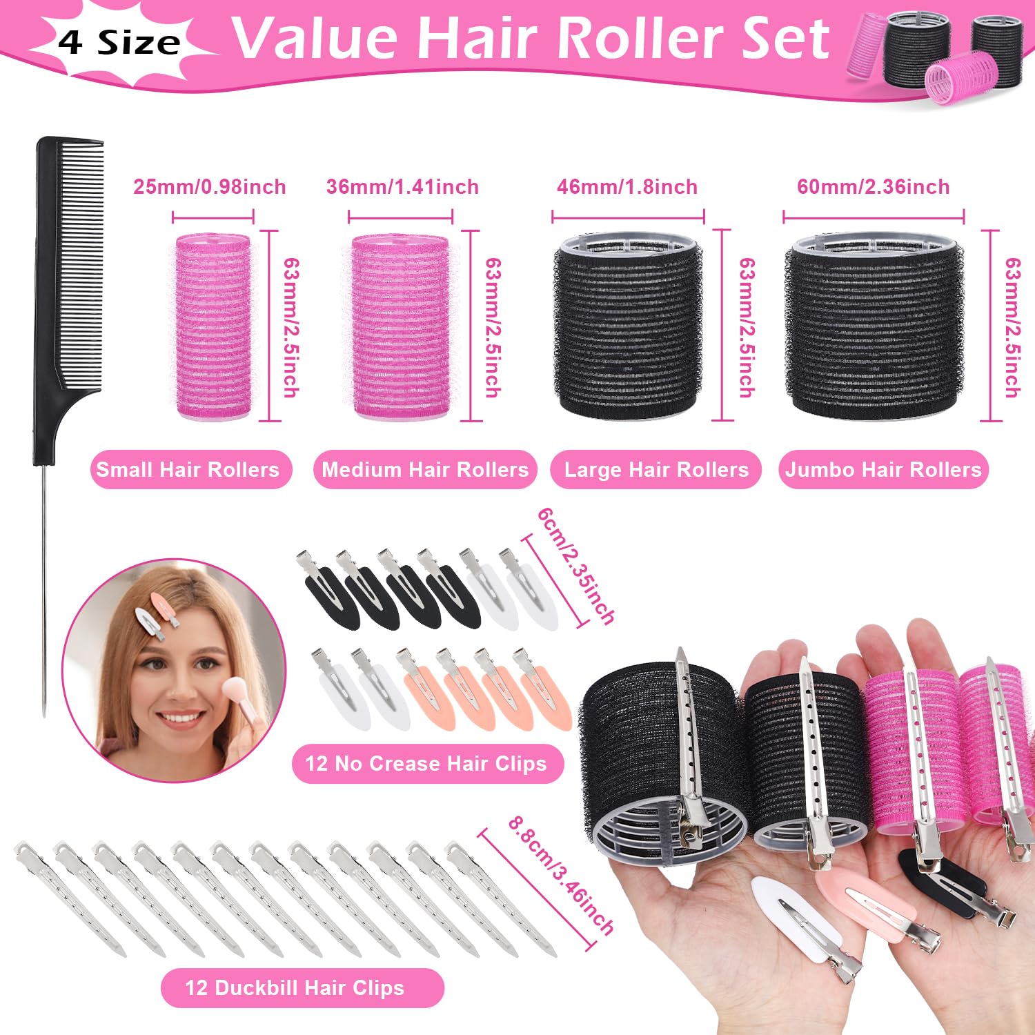 Juego de 50 rulos para el cabello, rodillos autoadherentes para cabello largo, mediano y corto, 4 tamaños de rollos de pelo (6 jumbo + 6 grandes + 6 medianos + 6 pequeños + 1 bolsa de almacenamiento