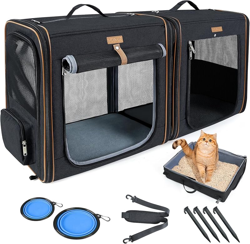 Bolsa de Transporte para Gatos Lekereise 2 em 1 com Caixa de Areia e Tigela Dobrável, para 2 Gatos, BP-683006, 89,92 x 33,02 x 41,91 cm