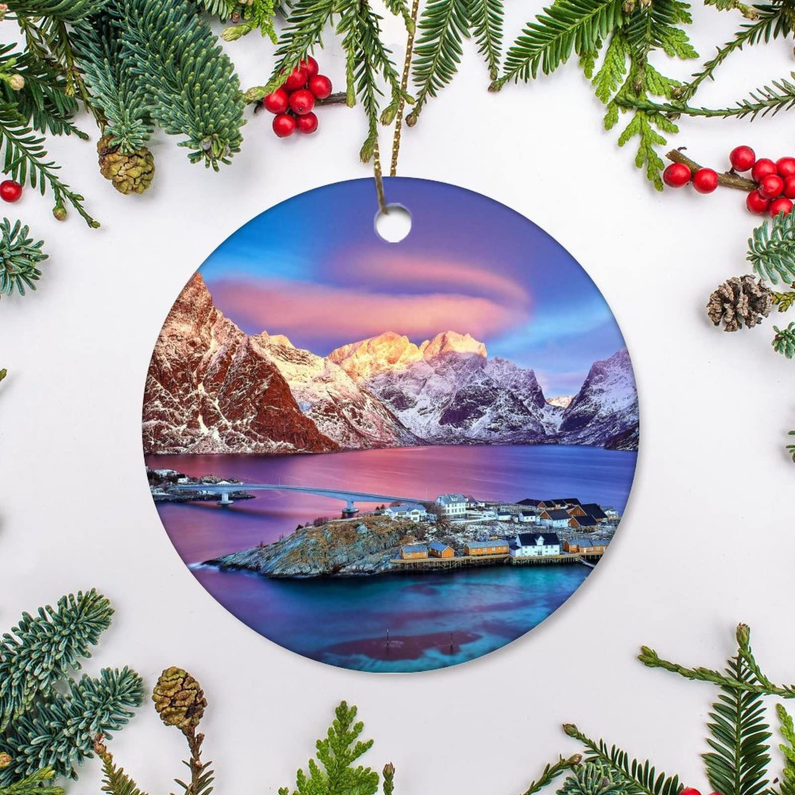 Christmas Tree Decoration 7.3cm, Norway,Winter,Mountains,Sea,Europe,Sunset,Norwegian Christmas Tree Decorations Multi-Colour Christmas Baubles Decoration Ceramic Xmas Ornament For Party Gift