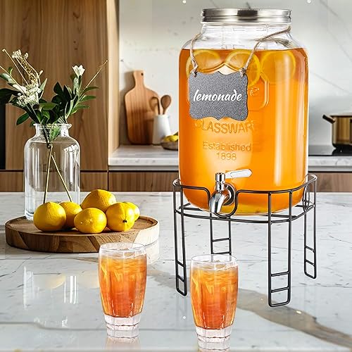 Miniatura 3 de Dispensadores de bebidas de 2 galones para fiestas, dispensadores de bebidas con soporte, dispensador de jarra de agua de vidrio, con grifo de acero