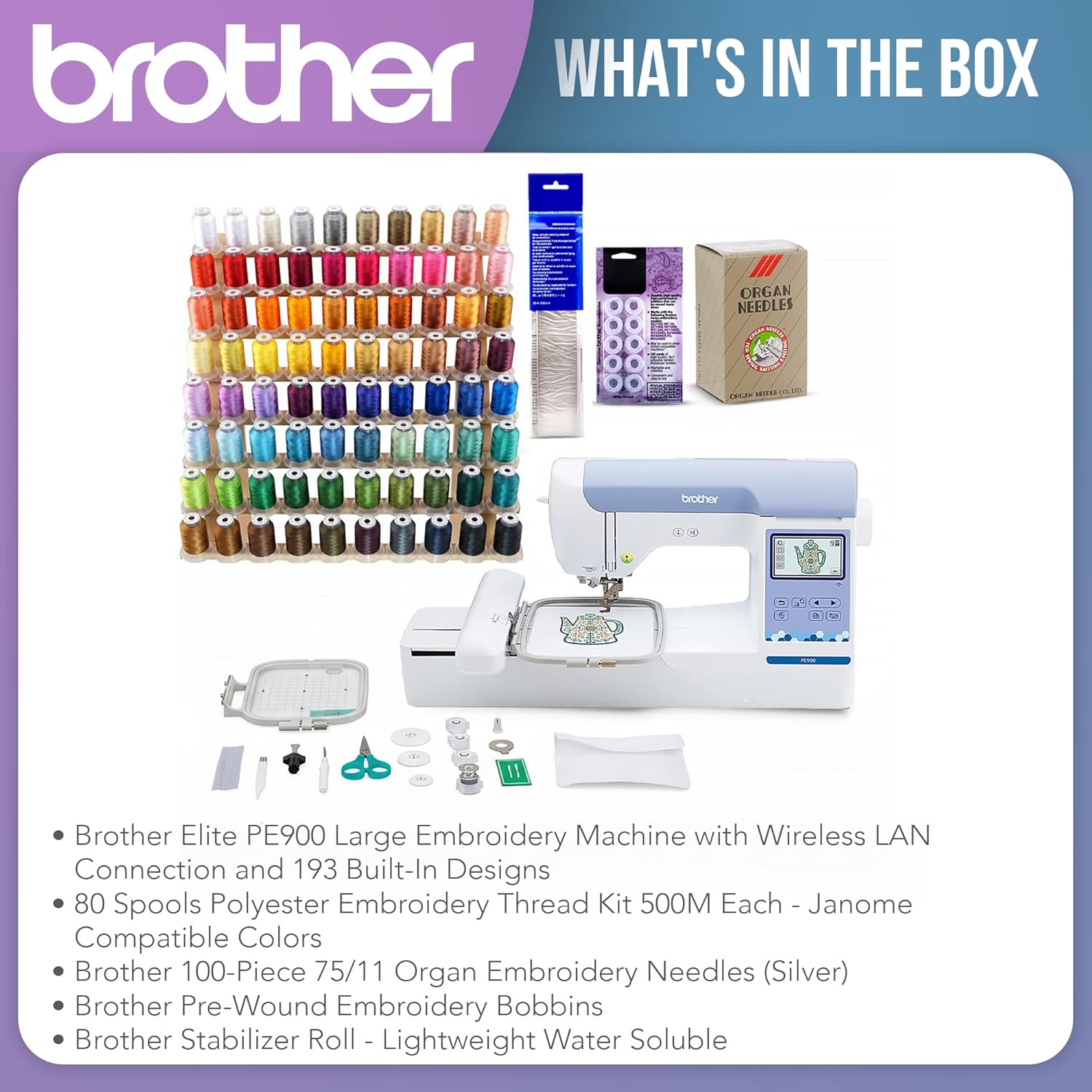 Brother Elite PE900 Large Embroidery Machine with Wireless LAN Bundle with Thread Kit (5 Items)