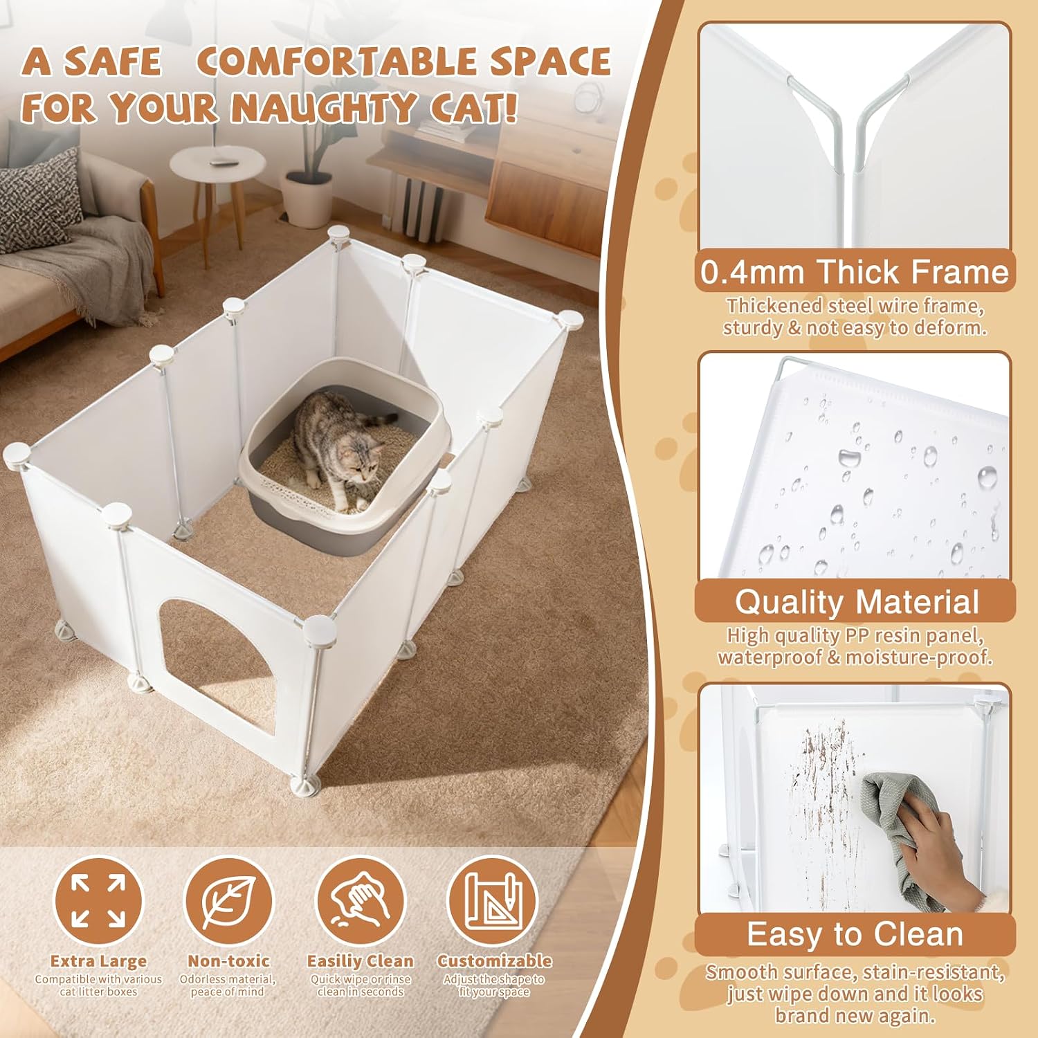 FHTONGE Extra Large Cat Litter Box Enclosure Splash Guard for Any Type, Universal Kitten Litter Pan Pee Shields Wall Protector, Spill Proof Cat Litters Box Privacy Screen for Open Top