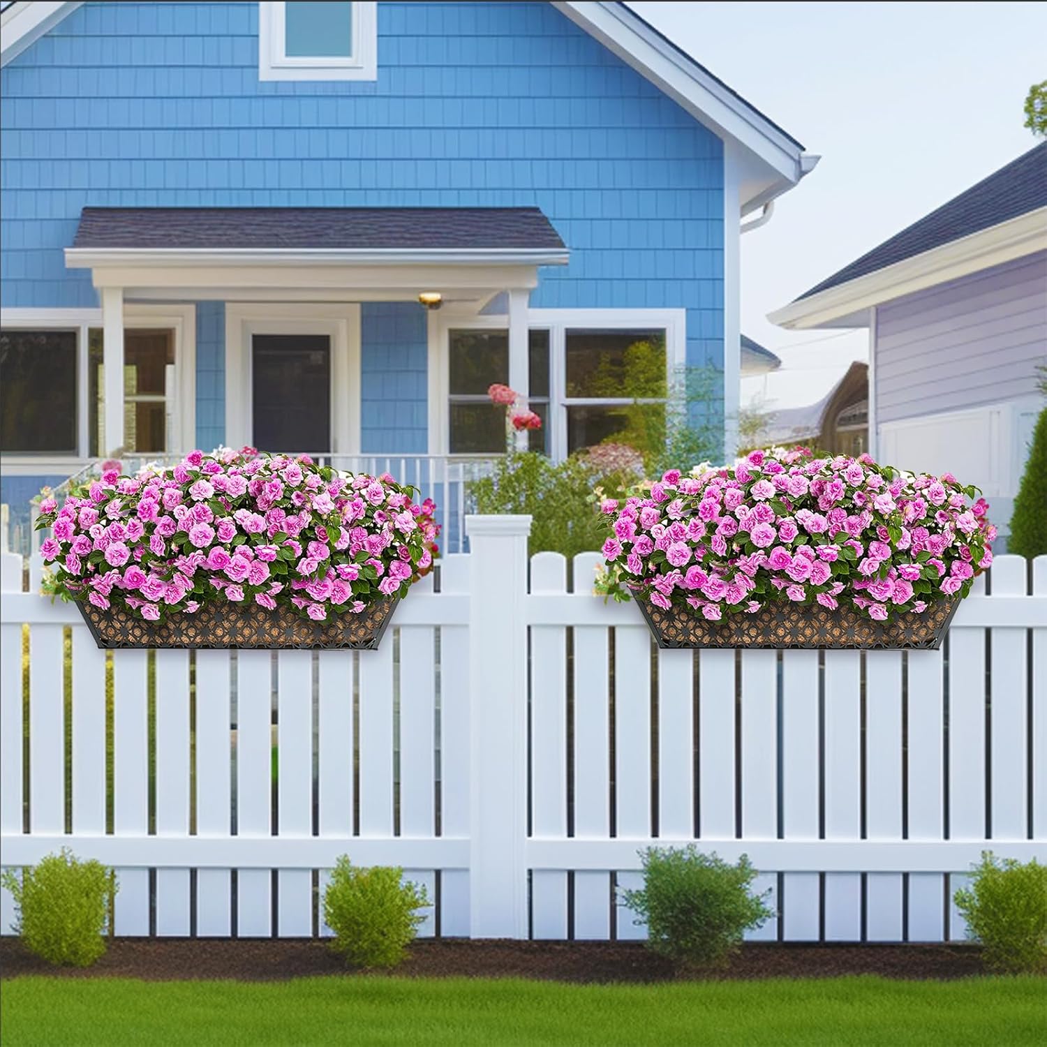 hehimhis Window Planter Box with Adjustable Bracket and Coco Liner for Porch, 24 Inch 4 Pack Balcony Planters Railing Hanging,Fence, Patio Hanging Planters for Garden Outdoor