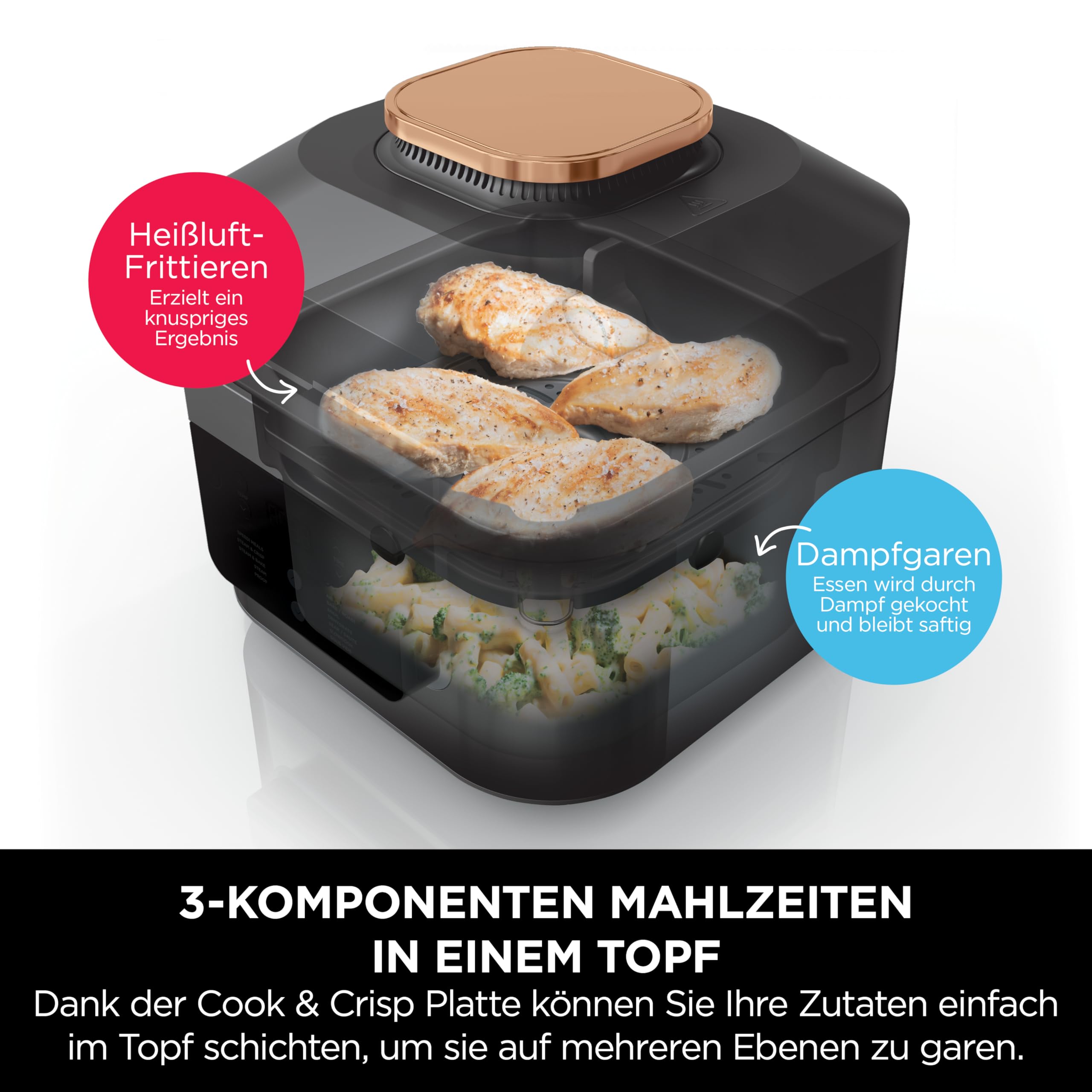 Ninja Speedi Multikocher, 5,7L, 10-in-1 Multicooker, Airfryer Heißluftfritteuse, Slow Cooker Langsamkochen, Grillen, Backen, Schwarz & Kupfer ON400EUCP