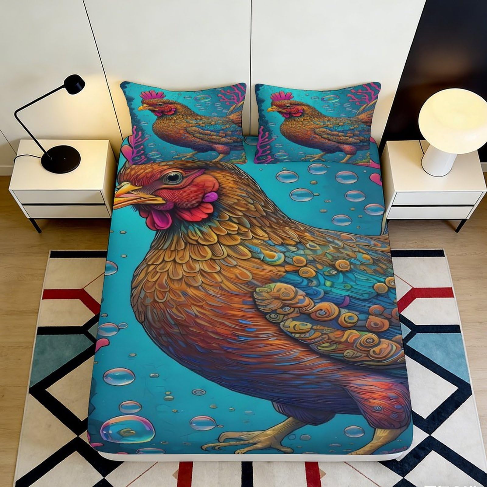 3D Printed Rooster Pattern Fitted Sheet Microfiber Deep Pocket Anti-Slip Bedroom Bedding Rooster Mattress Fitted Cover for Adults 180x200x25cm