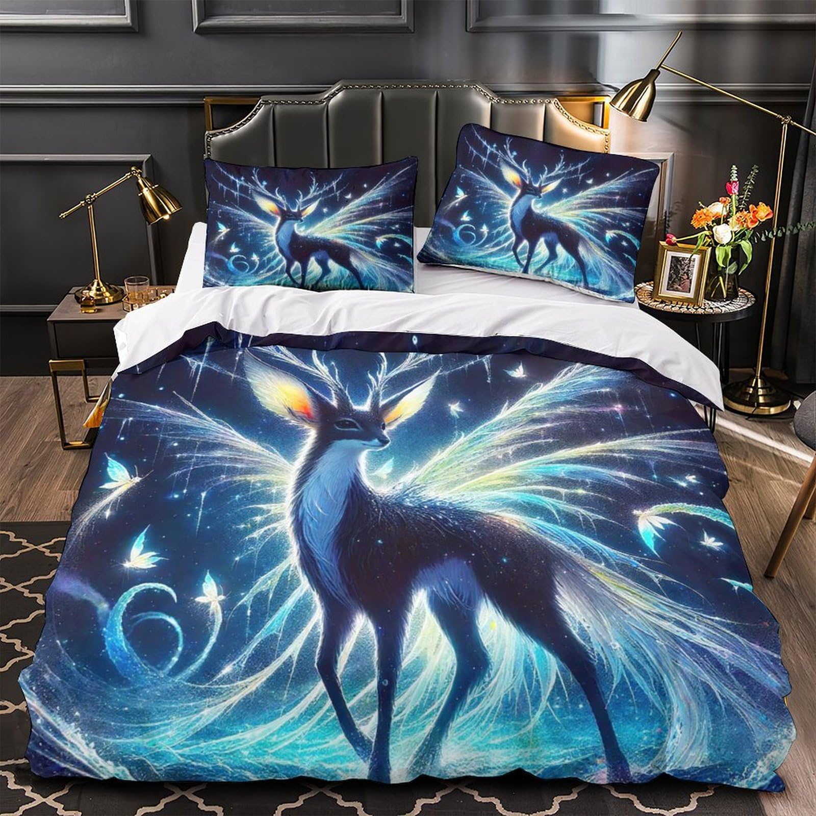 Housse de couette cerf 3D drap de lit microfibre et taies d'oreillers 260x220