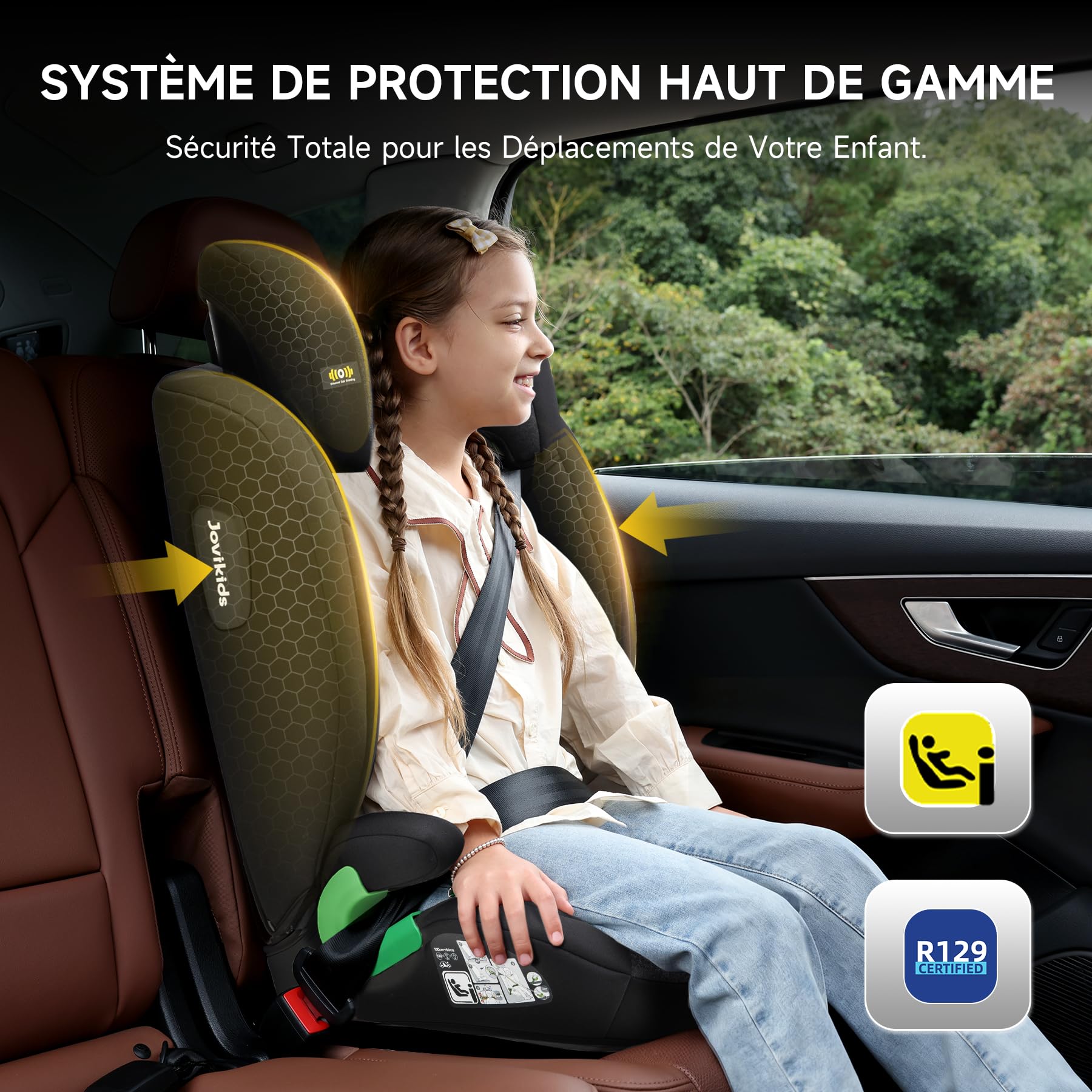 i-Size R129 Siège auto pour enfant de 3,5 à 12 ans (100-150 cm), avec dossier réglable, appuie-tête, protection contre les chocs latéraux, Rehausseur Isofix (BLACK, sans base) (Noir, Sans ISOFIX)