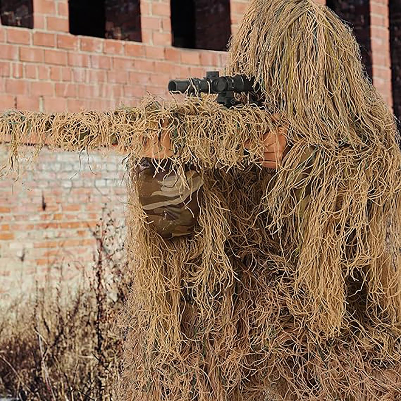 5-Teilige 3D Ghillie Suit Camouflage Jagdbekleidung Tarnanzug Herren Einschließlich Jacke,Hose,Kapuze,Tragetasche Tarnanzug für Militär,Airsoft Sniper,DryGrass-Adults