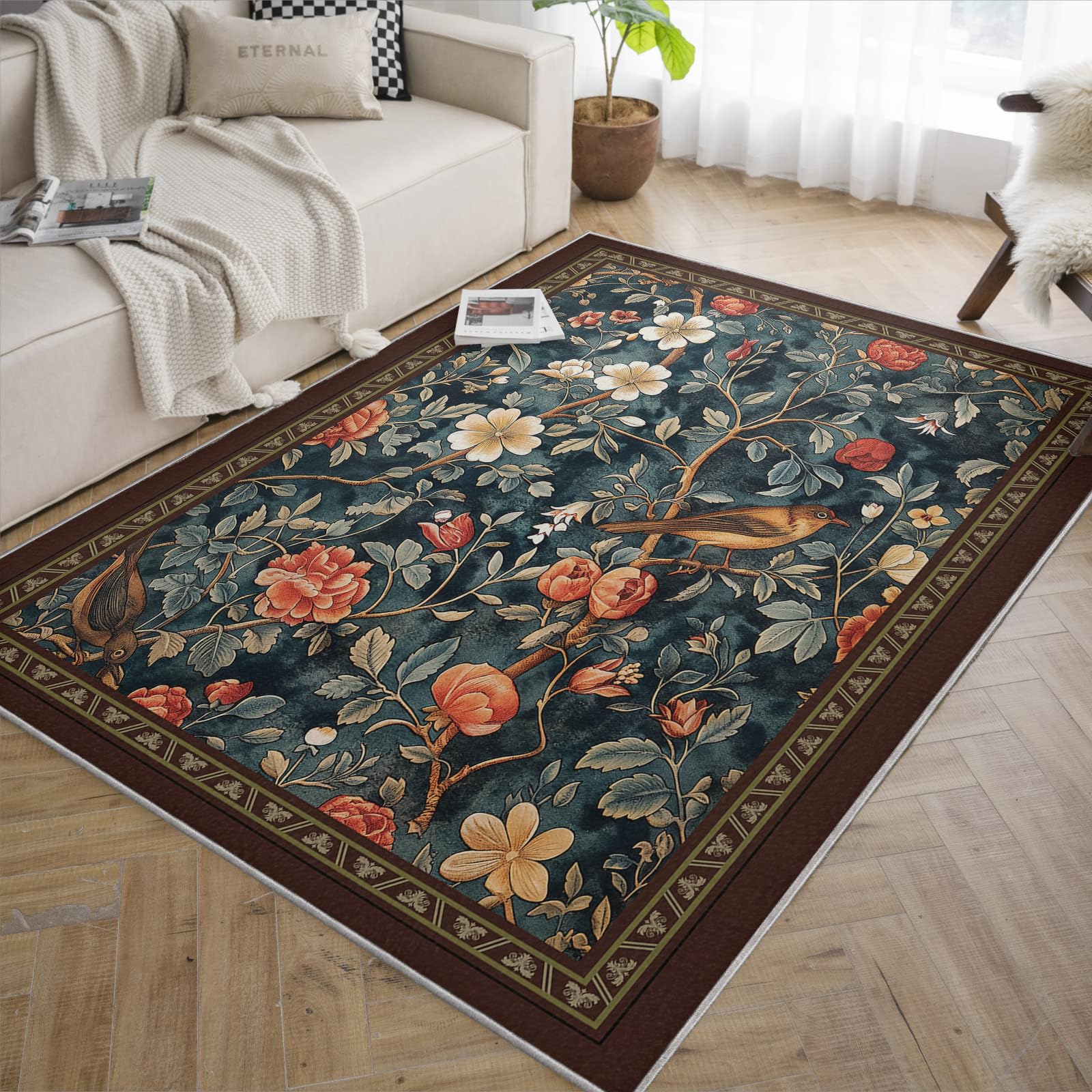 Nadający się do prania dywan 200 x 300 cm, dywan powierzchniowy do salonu, vintage, botaniczny, piwonie, ptak, do sypialni, miękki, boho, antypoślizgowy, z gumowym spodem, płaskie runo, do jadalni
