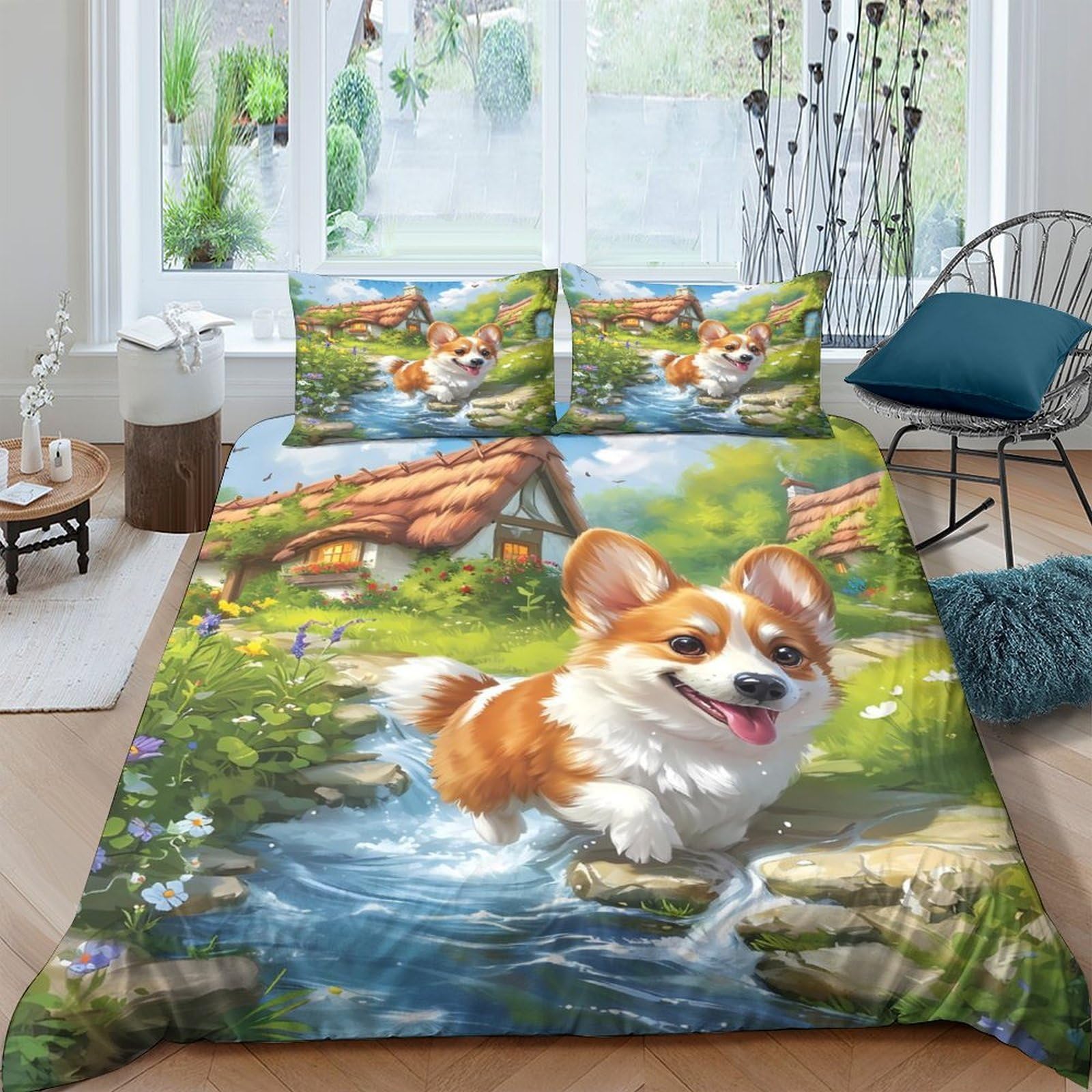 Ctjqhvkz Style-4 3D Printed Corgi By Stream Fitted Sheet Microfiber Soft Anti-Slip Dog Cottage Mattress Cover For Bedroom Dorm Decor Single（135X200cm）