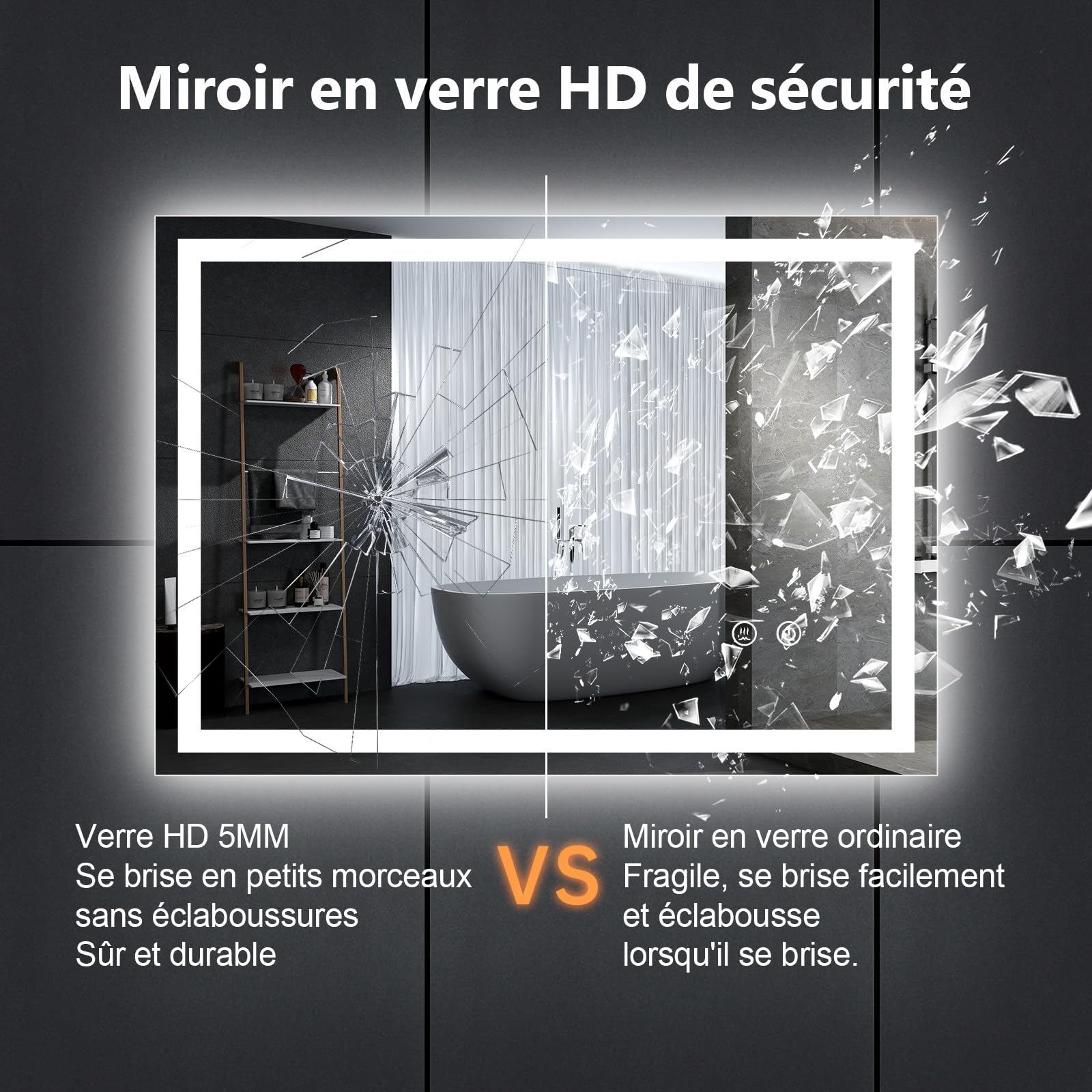KingSaid Espejo Baño con Luz LED 70x50CM Antivaho Regulable 3 Colores Brillo 3500K/4500K/6500K IP54