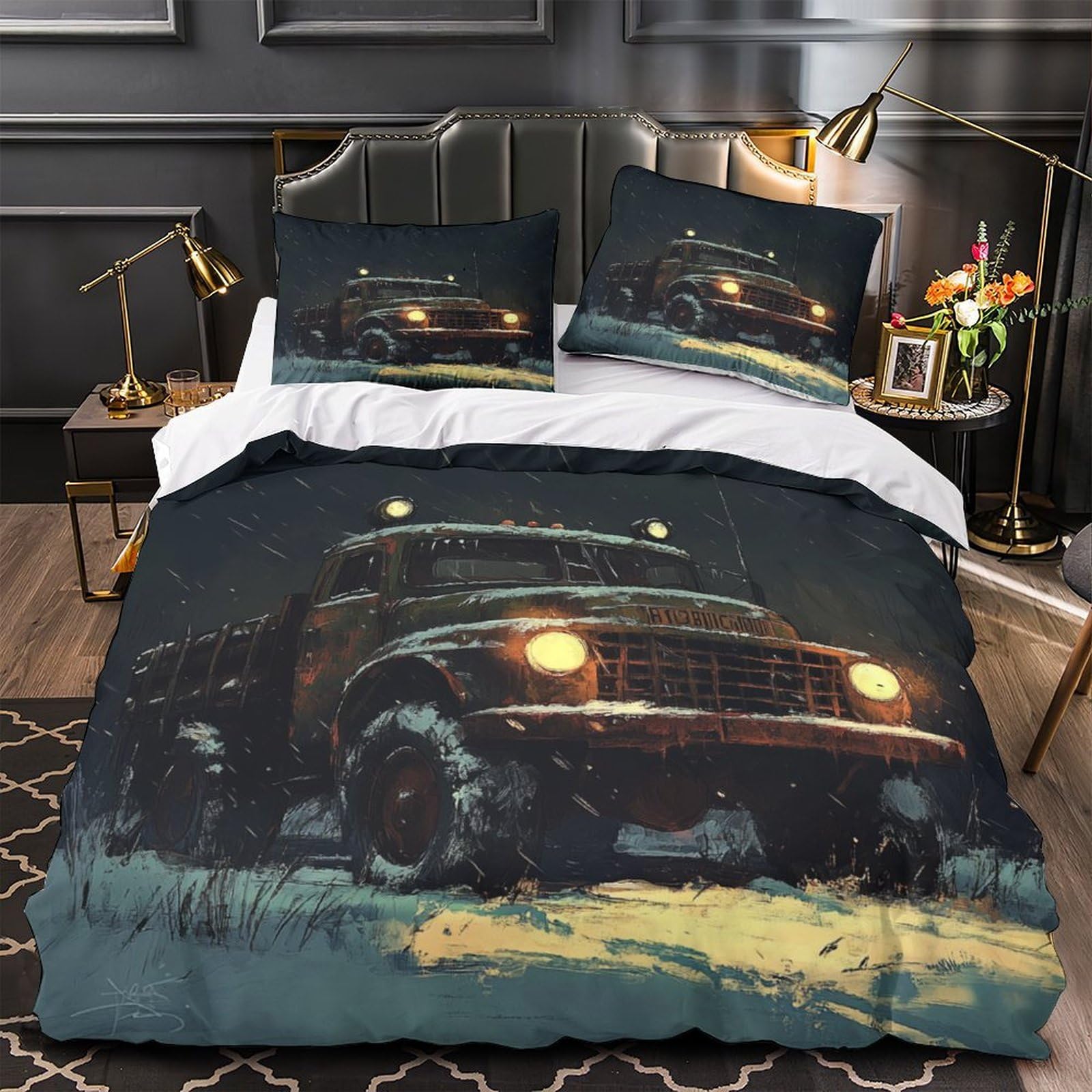 Vintage truck 3D Print 3-Piece Quilt Cover Night scene style Bed Cover Set Plush Microfiber Concealed Zipper Non-Allergenic Dust Mite Resist for Teens Single（140x200cm）