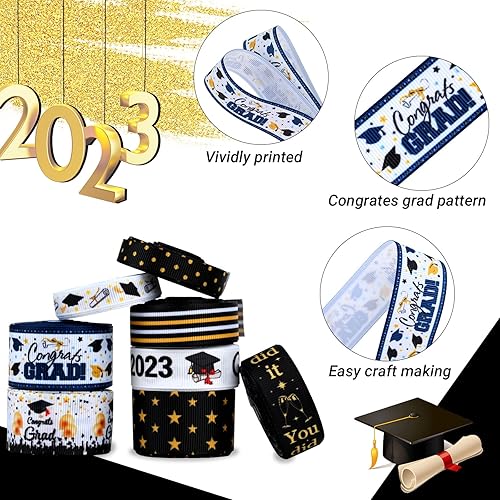 Miniatura 3 de Cintas de grogrén de graduación de 40 yardas de 38 y 1 pulgada Clase de 2023 Cintas bronceadoras Felicidades Grad Cinta de envoltura metálica con