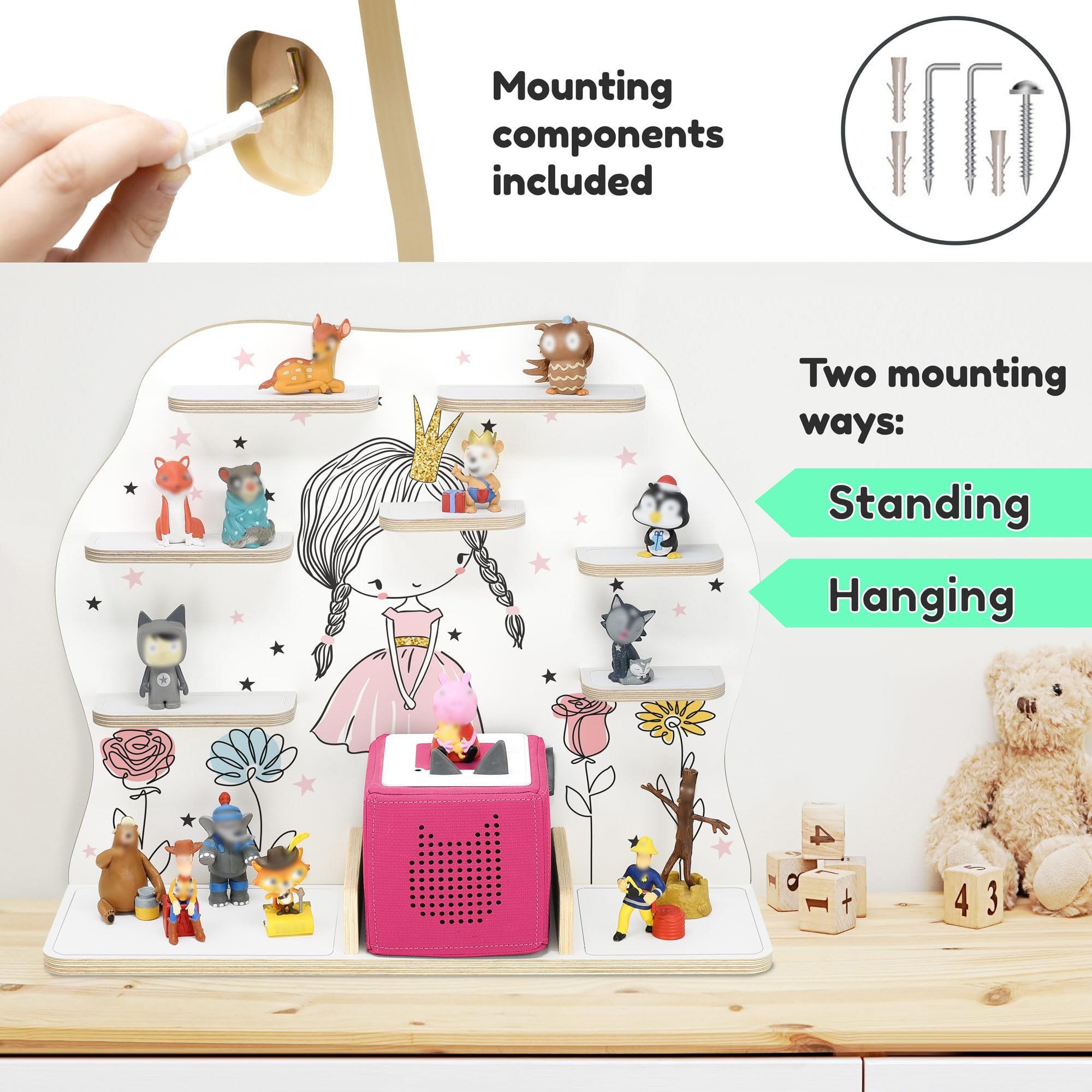 stadtecken Wooden Shelf for Music Box I Suitable for The Toniebox and ca. 50 Tonies I Perfect Storage in The Children's Room I for Setting up or Hanging (Large, Flower Princess)