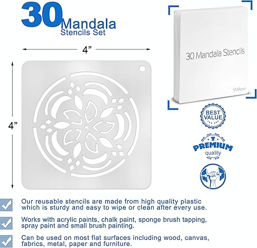 Miniatura 3 de STARspun Plantillas de arte para pintar, juego de 30 plantillas de mandala de 4 x 4 pulgadas de tamaño, ideal como plantilla de pared, plantilla de