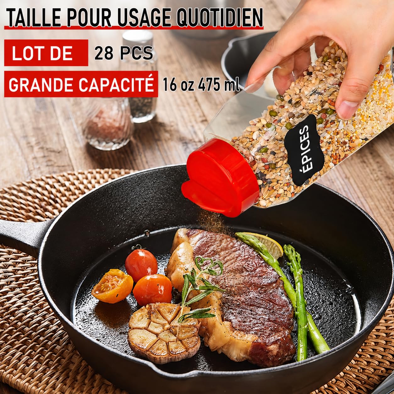 Lot de 28 Pots à Épices en Plastique 500 ml, Couvercles à Double Ouverture | Bocaux à Épices Réutilisables avec Étiquettes pour Sel, Herbes, Poivre, Poudres et Organisation de Cuisine
