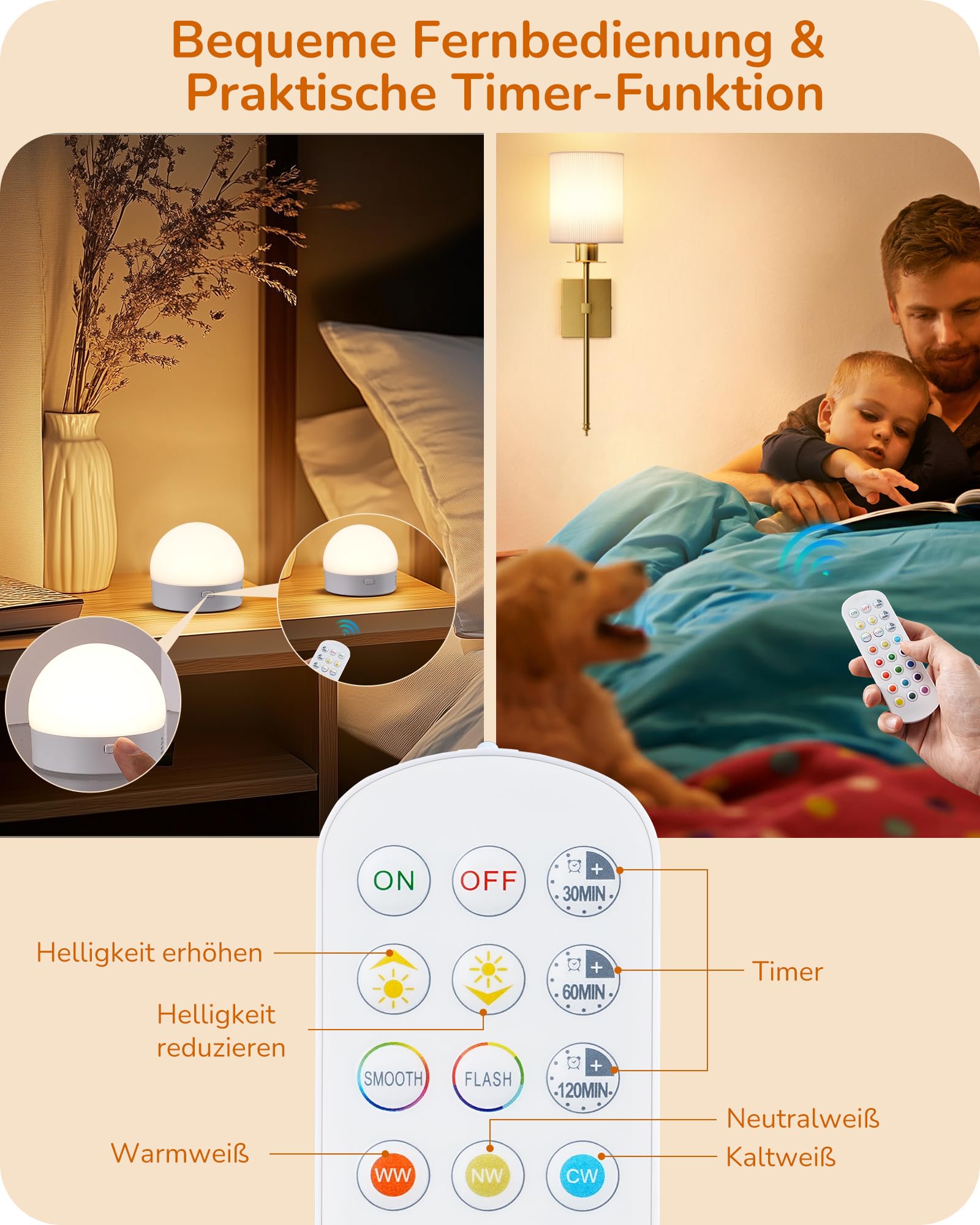 EDISHINE 2er Set Akku Wandleuchte Innen, RGBW LED dimmbar, Weiß & Bronze | E27 inkl. LED, kabellos, USB-C aufladbar, Fernbedienung, 12 Farben, 2 Modi, 3 Farbtemperaturen