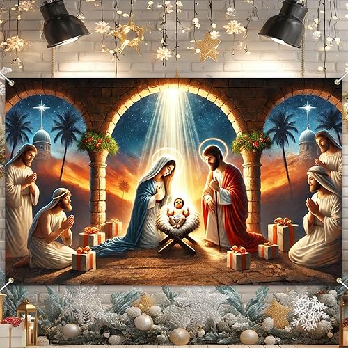 Pancarta de Navidad de 71 x 43 pulgadas, telón de fondo con pesebre Jesús María y José para iglesia, hogar, fiesta religiosa, decoración de pared