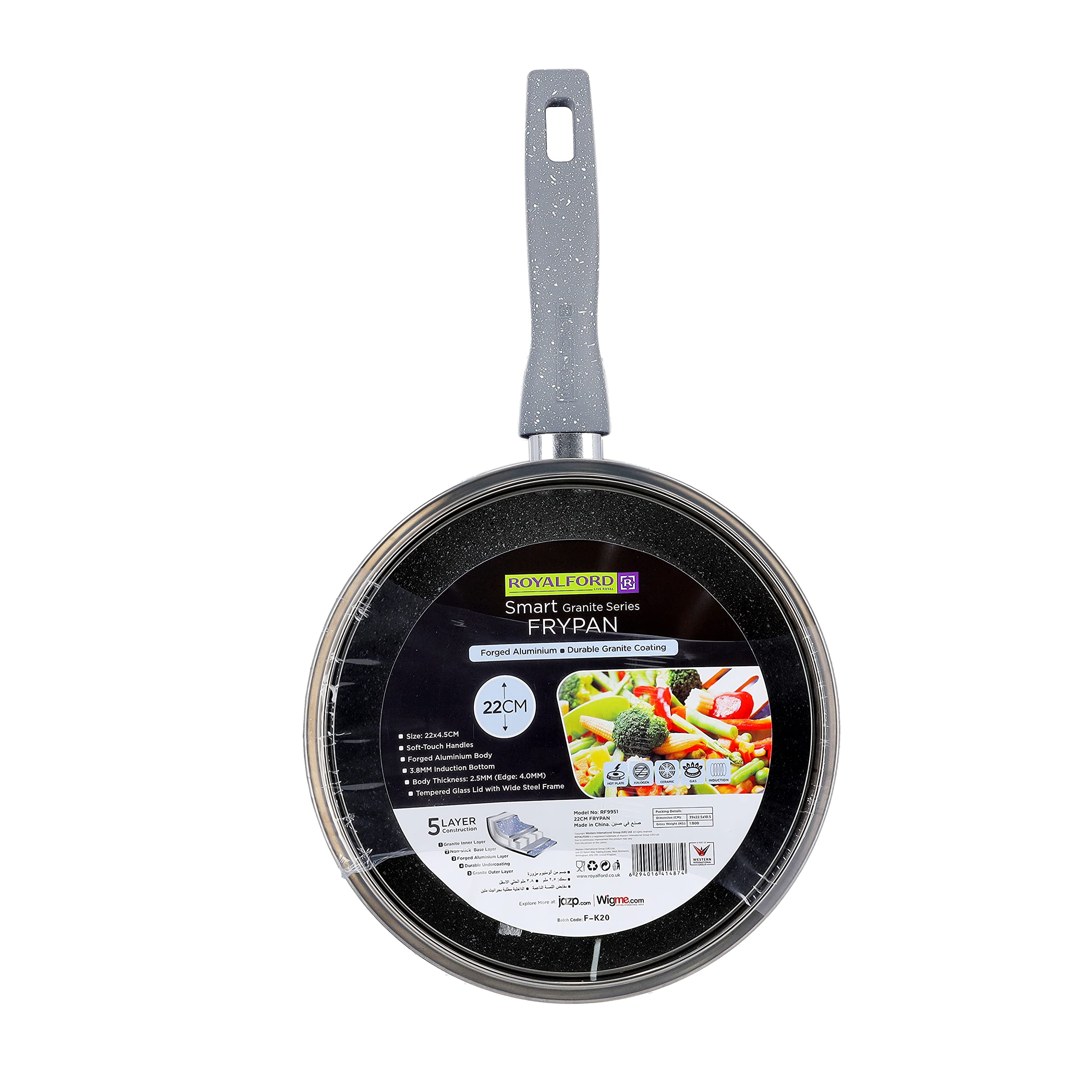 22cm Granite Coated Smart Fry Pan With Lid - 5 Layer Coating | Multiple Hob Compatibility Heat-Resistant Handle Hanging Loop Ideal Frying, Cooking, Sauteing & More,RF9951, Grey