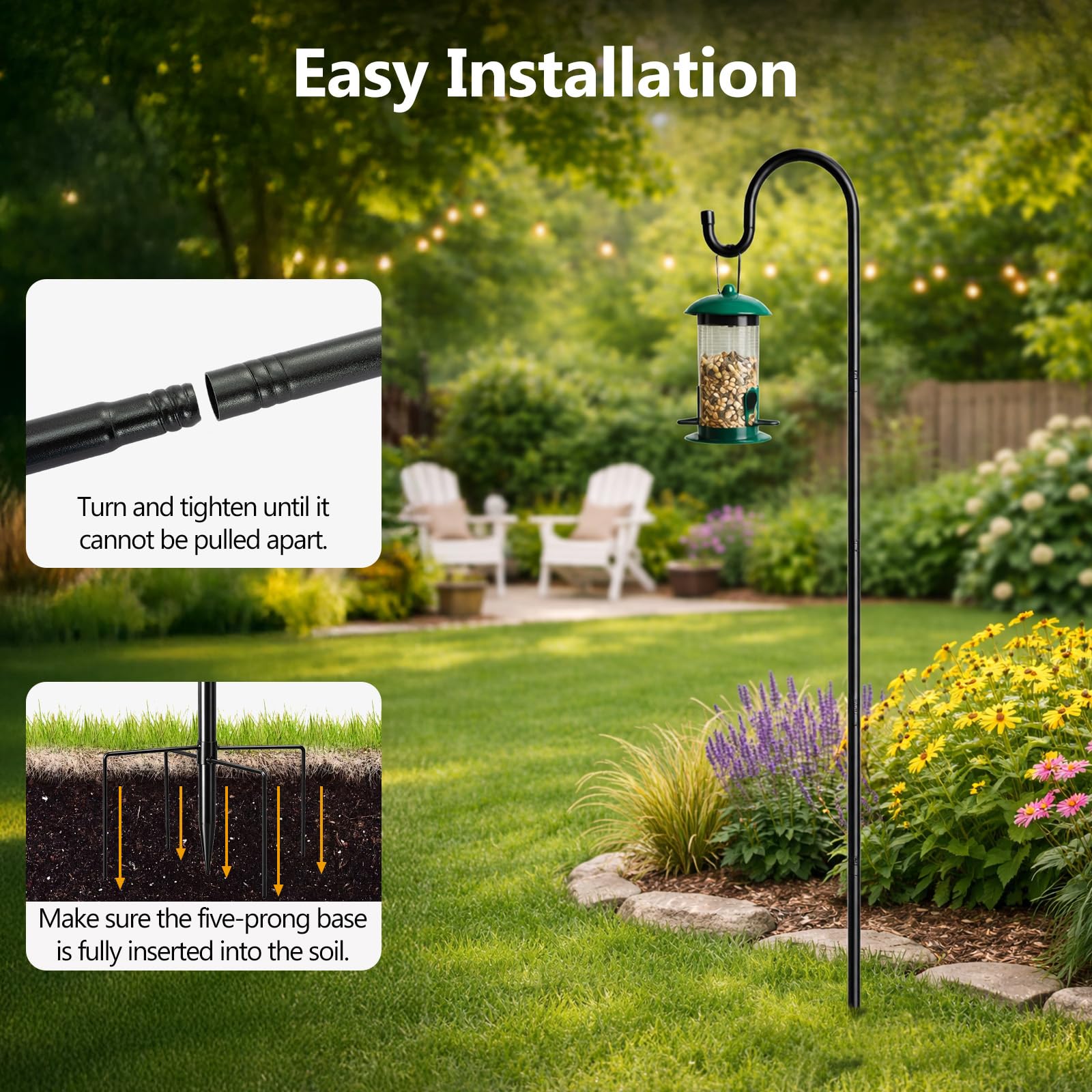 EVERGOODS Bird Feeder Pole 7.6 FT Tall Stake with 4 Height Settings 233cm Shepherds Hooks Heavy Duty 5 Prongs Base Heavy-Duty Steel Shepherds Hook for Hanging Feeders, Squirrel Baffle, Bird Bath-Black — view 4
