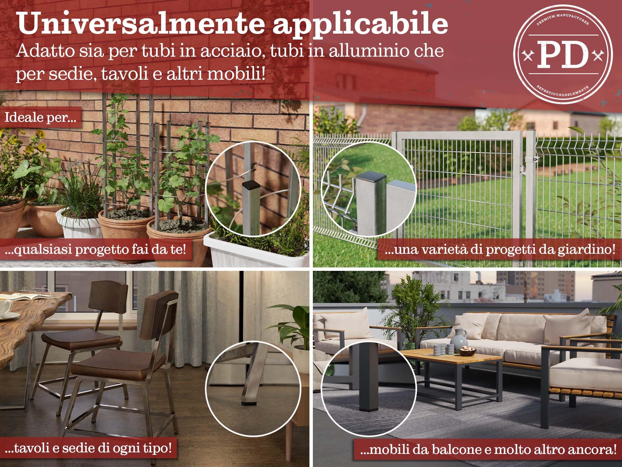 PD® Tappi a Lamelle 40x40 mm per Tubo Quadrato in Plastica PE | Per Coprire Tubi in Acciaio Inox, Alluminio e Profili | Quadrati Neri | 4 Pezzi