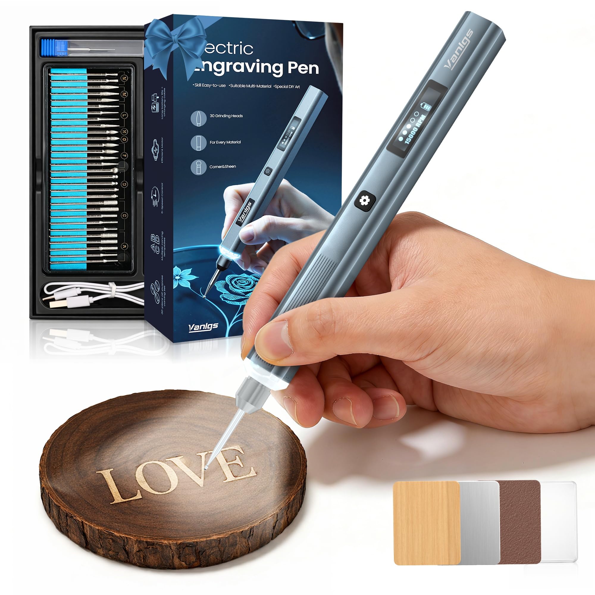 Engraving Pen Kit for Metal, Wood, Glass, Plastic, Cordless Rechargeable DIY Etching Tool with LED Light, 5 Speed, 31 Bits, Portable Craft Making Gift for Teens Adults Hobby Beginners (Light Grey)