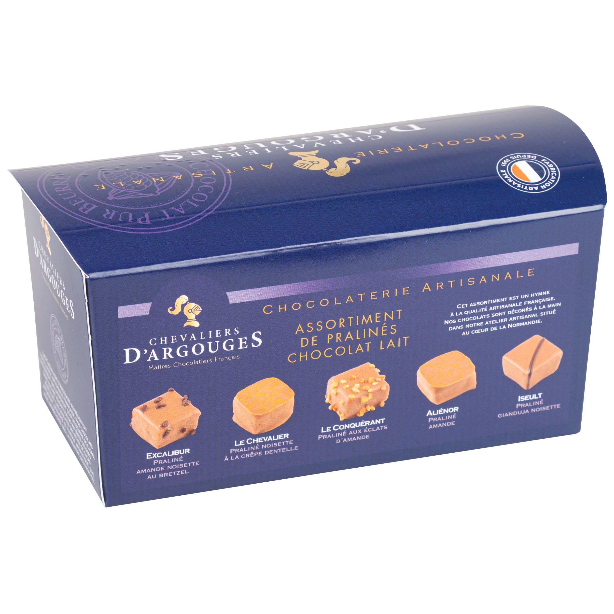 CHEVALIERS D'ARGOUGES Maîtres Chocolatiers Français - Assortiment de pralinés chocolat lait 33% - Ballotin Dégustation 185g