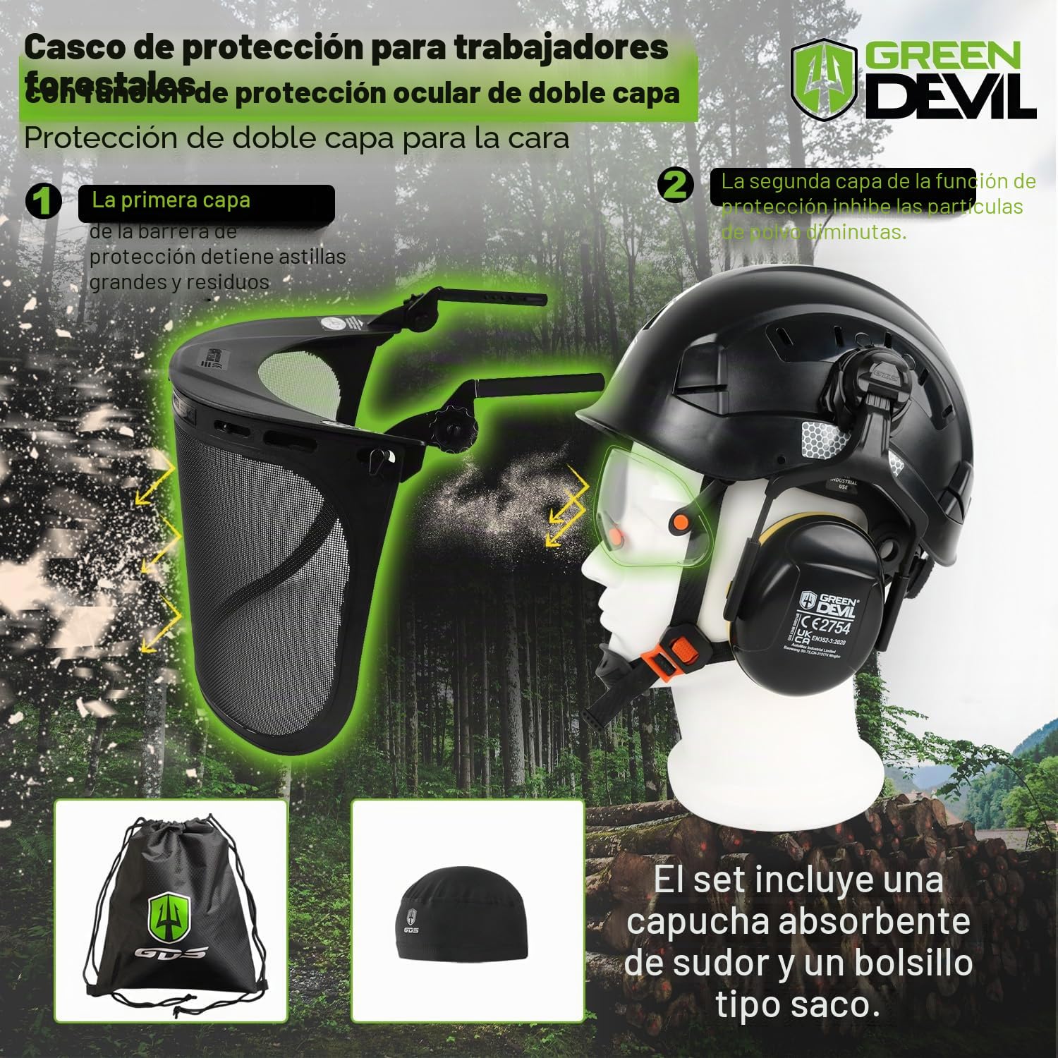 GREEN DEVIL Casco de seguridad para motosierra forestal EN397, certificado EN397, sistema 5 en 1 con protección facial de malla, visera integrada y orejeras, ventilado, para trampas de madera y