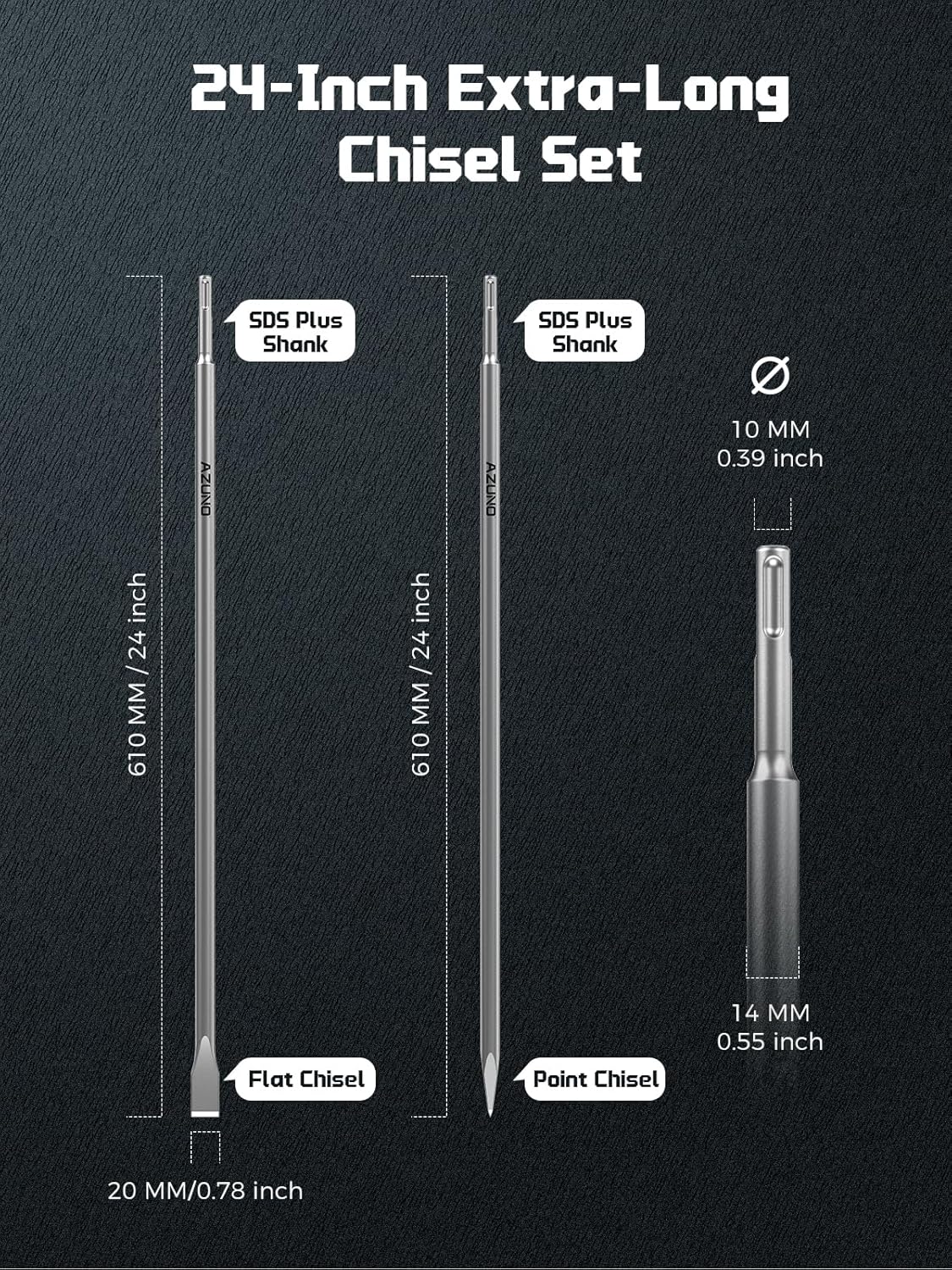 AZUNO 24-Inch SDS Plus Chisel Bits Set, Extra-Long Flat Chisel & Point Chisel, 42CrMo Heat-Treated Alloy Steel, Heavy-Duty Concrete Demolition, Brick & Tile Removal