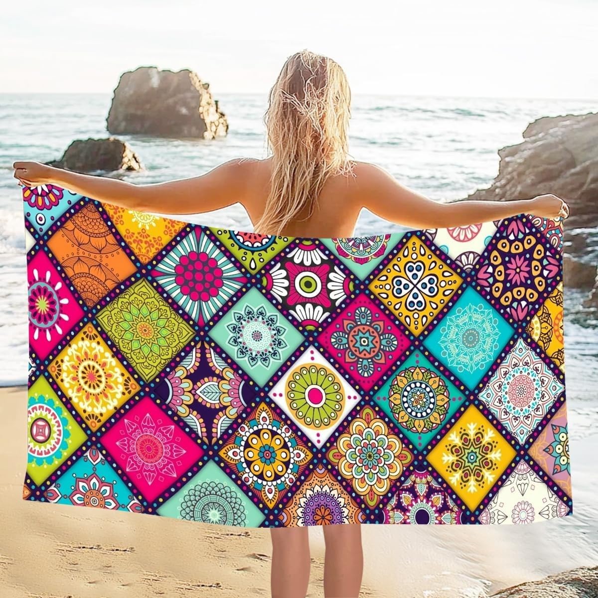 YZQGLHP Bohemian Microfibre Beach Towel Ethnic Style Beach Bath Towel Quick Drying, Lightweight, Sand-Free, Durable, for Pool, Gym, Camping, Travel Towel 70x130cm