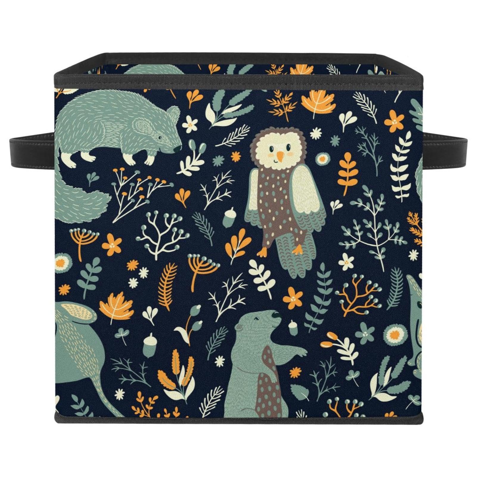 Boîte de rangement pliable cube en tissu motif hiboux et animaux de la forêt pour chambre