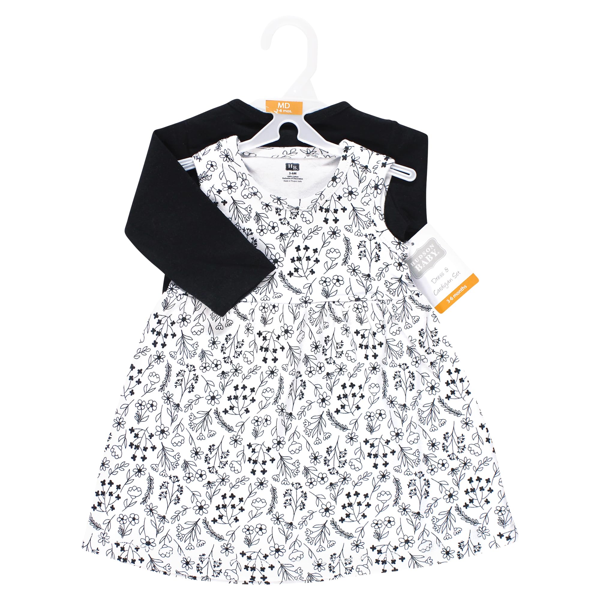 Hudson Baby Infant Toddler Girls Cotton Dress And, Black White Flowers, Set Vestito e Cardigan in Cotone per Neonate e Bambine, Fiori Bianchi e Neri, 4T, 4 Anni Bimba