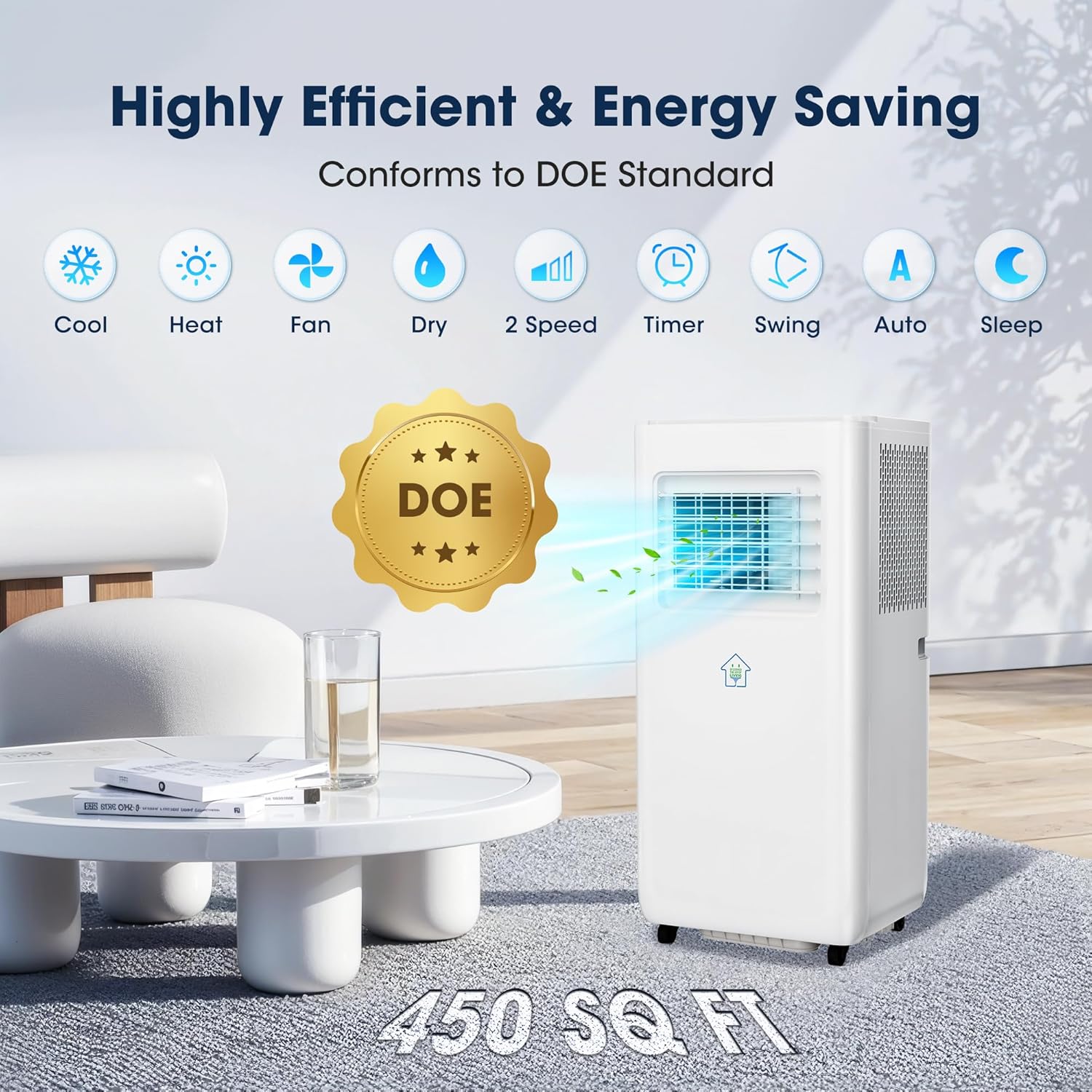2026 Upgraded Portable Air Conditioners 10000 BTU, Smart Portable AC Unit with App & Remote Control, 4-in-1 Cooling, Heating, Dehumidifier, Fan for Rooms up to 450 sq.ft, 24H Timer, 2 Speed