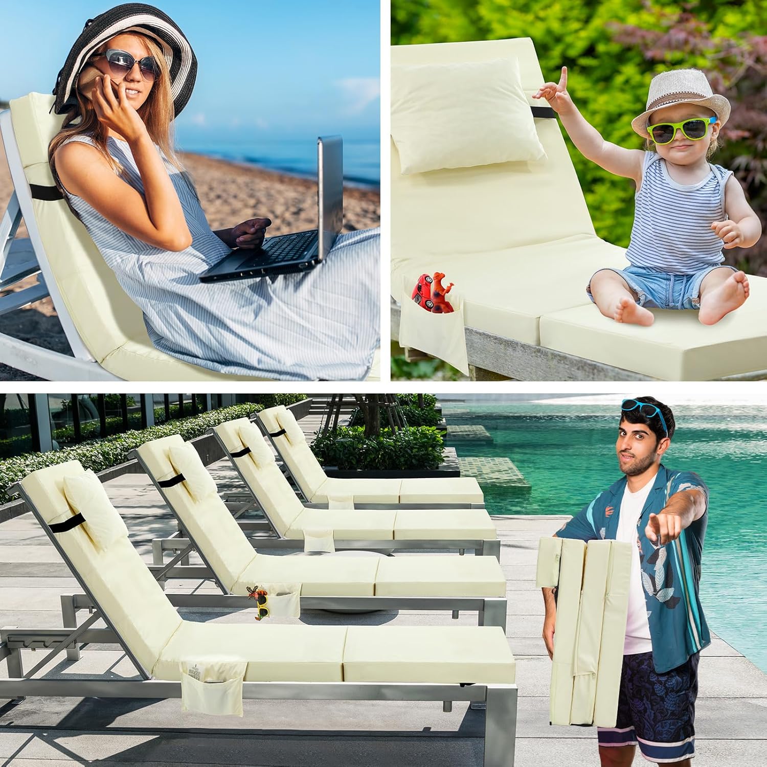 Bucherry 2 Pcs Chaise Lounge Cushions Outdoor with Headrest and Side Pocket Waterproof Chair Cushions Fade Resistant Patio Replacement Cushion Outdoor Furniture Pool 72 x 21 x 3 Inch(Beige)