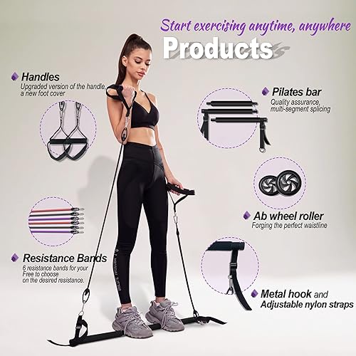 Miniatura 3 de HOTSWEAT Kit de barra de pilates con bandas de resistencia. Rodillo de abdominales para entrenamiento de abdominales. Equipo de fitness portátil en