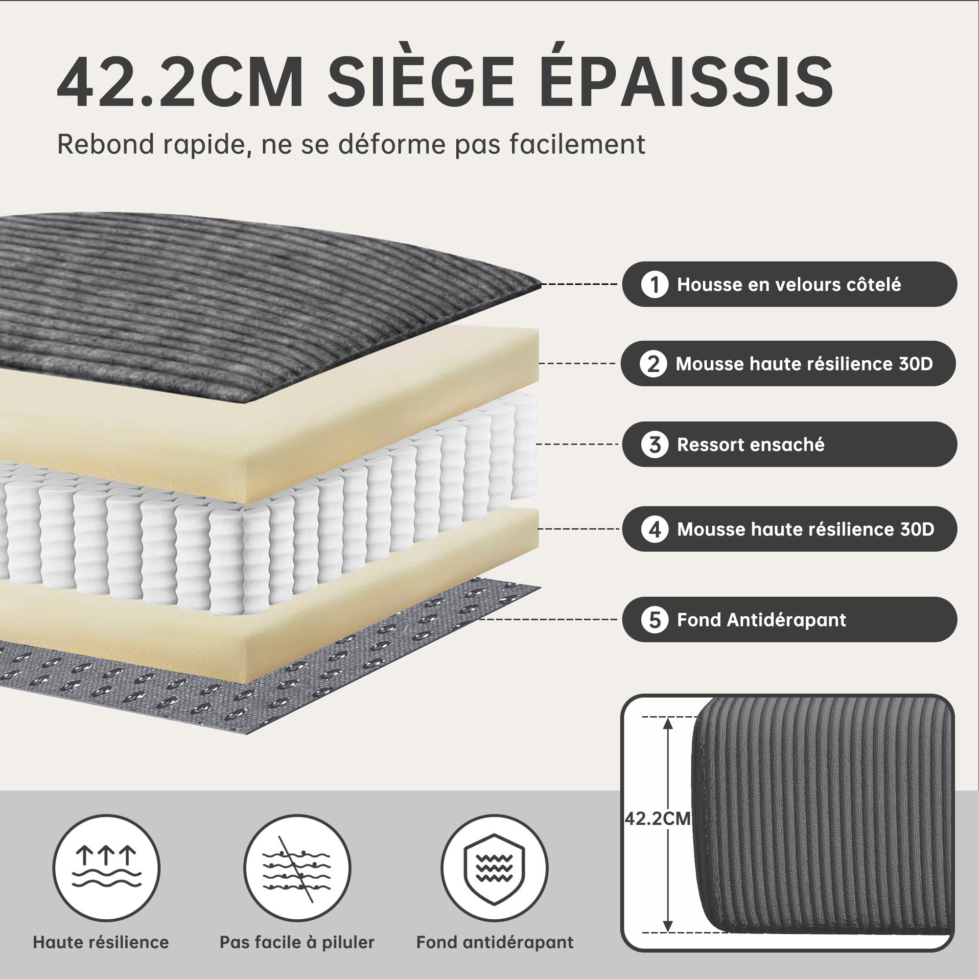 DURASPACE Canapé U 320cm 6pl Velours côtelé Mousse mémoire Gris