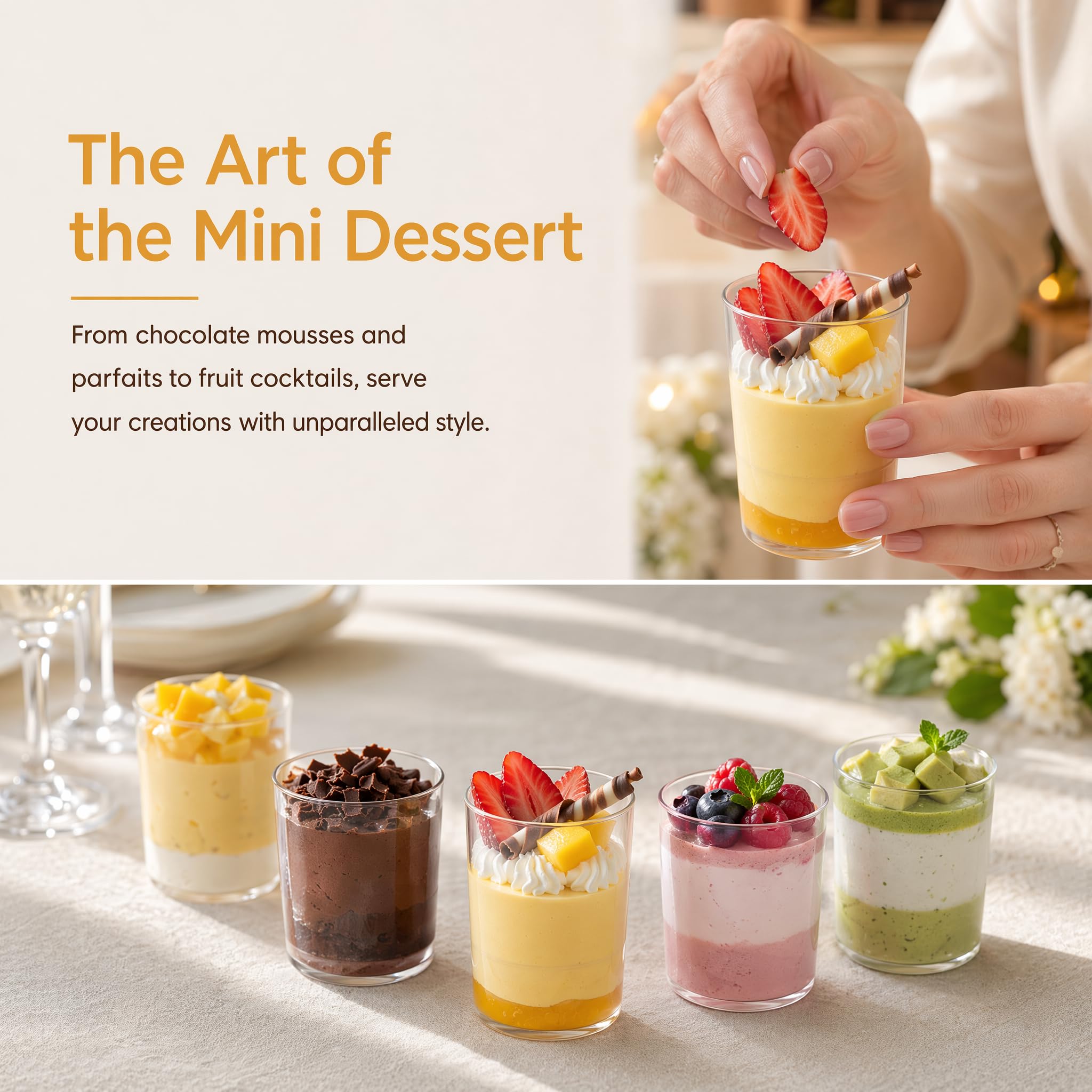 Okllen 100 Stück Mini-Dessertbecher mit Löffeln, 85 ml, runde Schnapsbecher aus Kunststoff, Dessert-Shooter, Vorspeise, Parfait Becher, Schnapsgläser für Schokolade, Puddings, Verkostungsparty