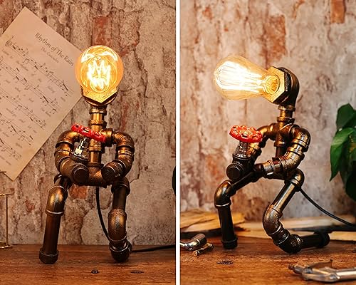 Miniatura 7 de MENZOM Lámpara de mesa Steampunk, lámpara de mesa industrial vintage de robot de plomería, lámpara de metal industrial, lámpara de mesa robot de