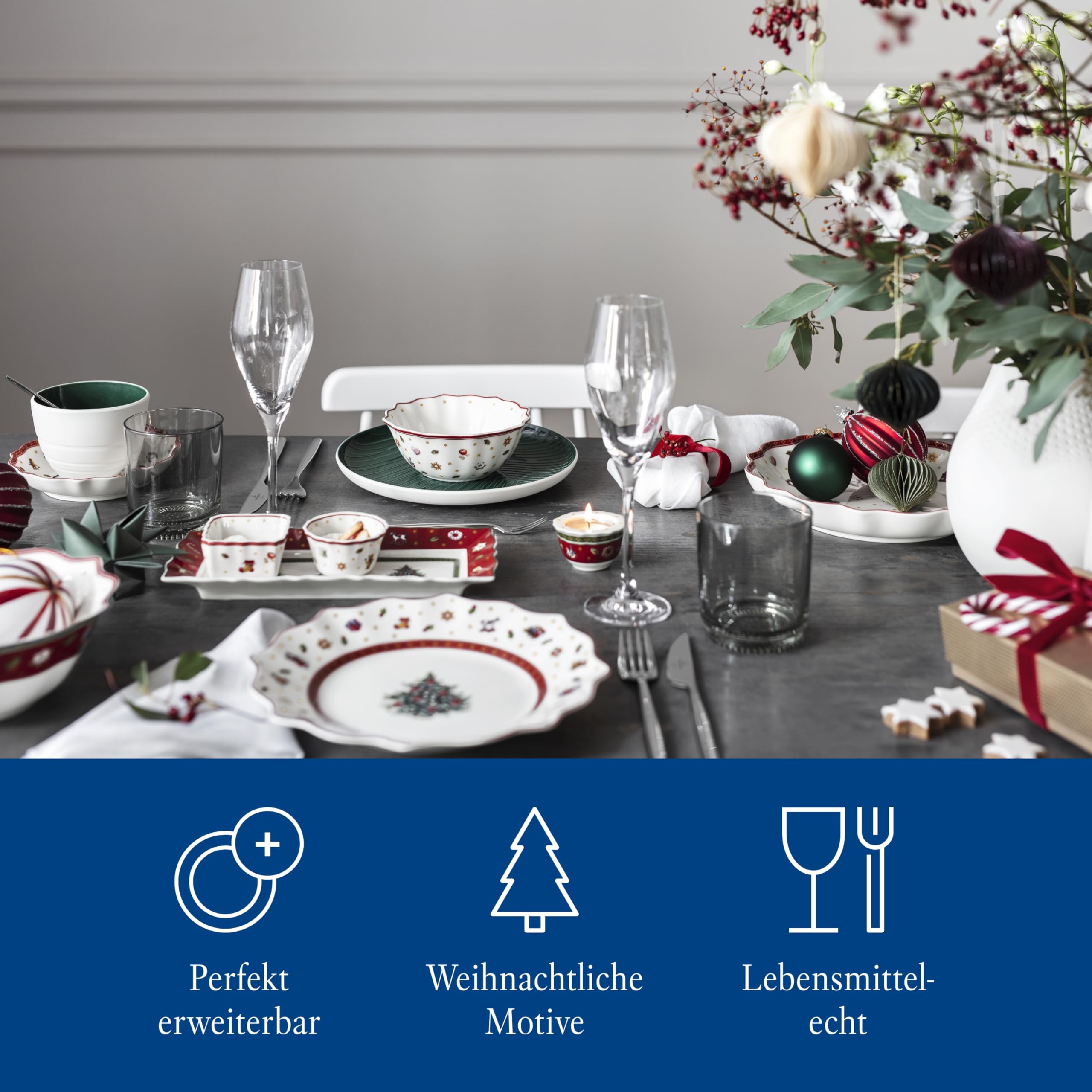 Villeroy & Boch - Toy's Delight Dip Set 4 teilig, Servierplatte mit Schälchen, Dipschälchen Set Weihnachten, Tischdekoration Toys, Serviertablett, Schalen, Weihnachtsgeschirr, Premium Porzellan | Weißes und farbenfrohes Porzellan-Dip-Set, spülmaschinenfes