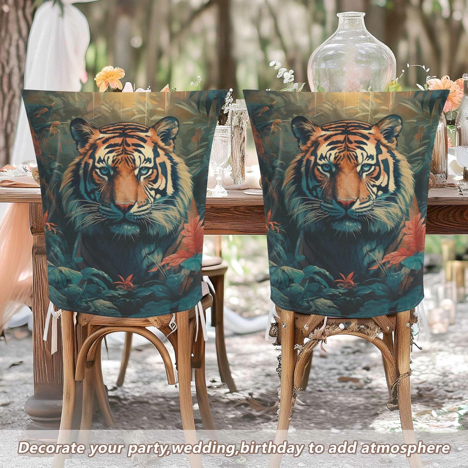 ALAZA Tiger Tropical Leaves Chair Back Cover Set of 6, Washable Reusable Removable Chair Slipcovers Decorative Chair Cover for Home Kitchen Wedding Party