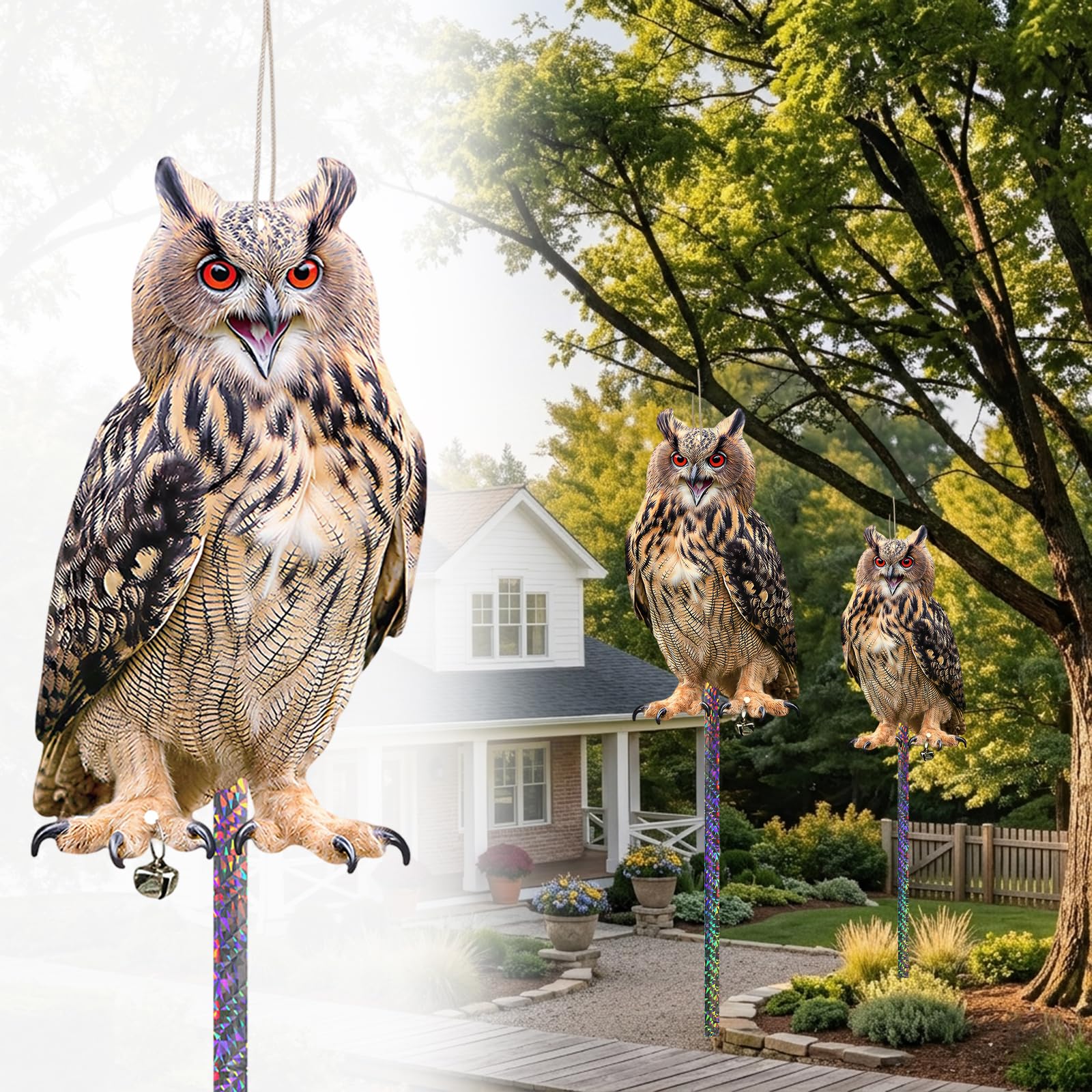 Búhos falsos ahuyentadores de palomas con cinta reflectante de plástico para colgar en ventanas de patio