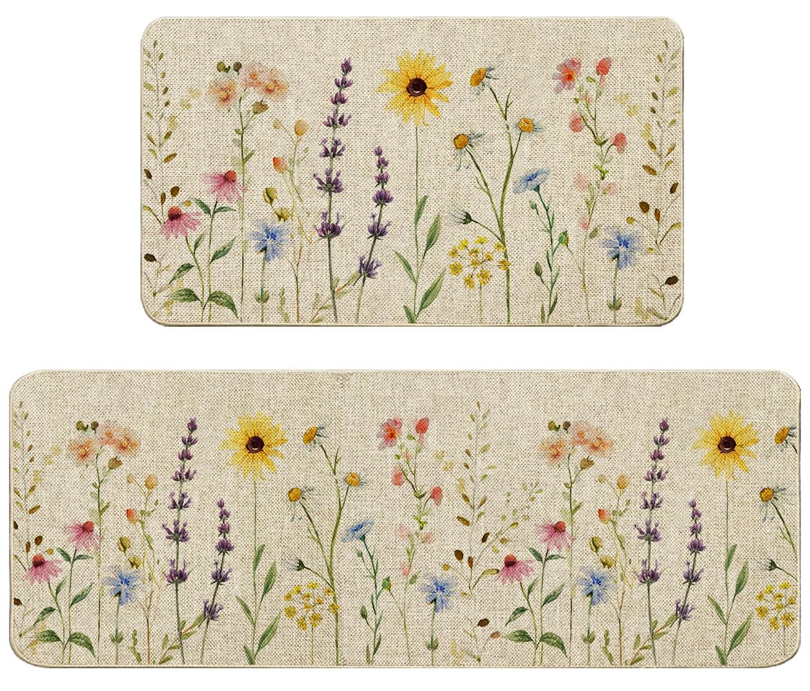 Baccessor Spring Wild Floral Kitchen Mats Set of 2, Vintage Flowers Sunflower Kitchen Rugs Low-Profile Non-Slip Absorbent Floor Mat 17x29 and 17x47 Inch Home Farmhouse Seasonal Decoration