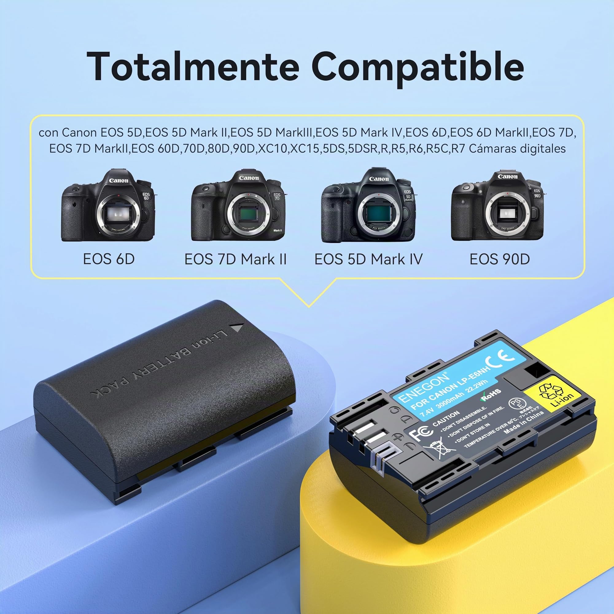 ENEGON LP-E6NH - Cargador de batería Dual (2 x 3000 mAh) Compatible con Canon EOS 5D, 6D,7D, 60D, 70D, 80D, 90D, XC10, XC15, R, R5, R6, R7, Pantalla LCD