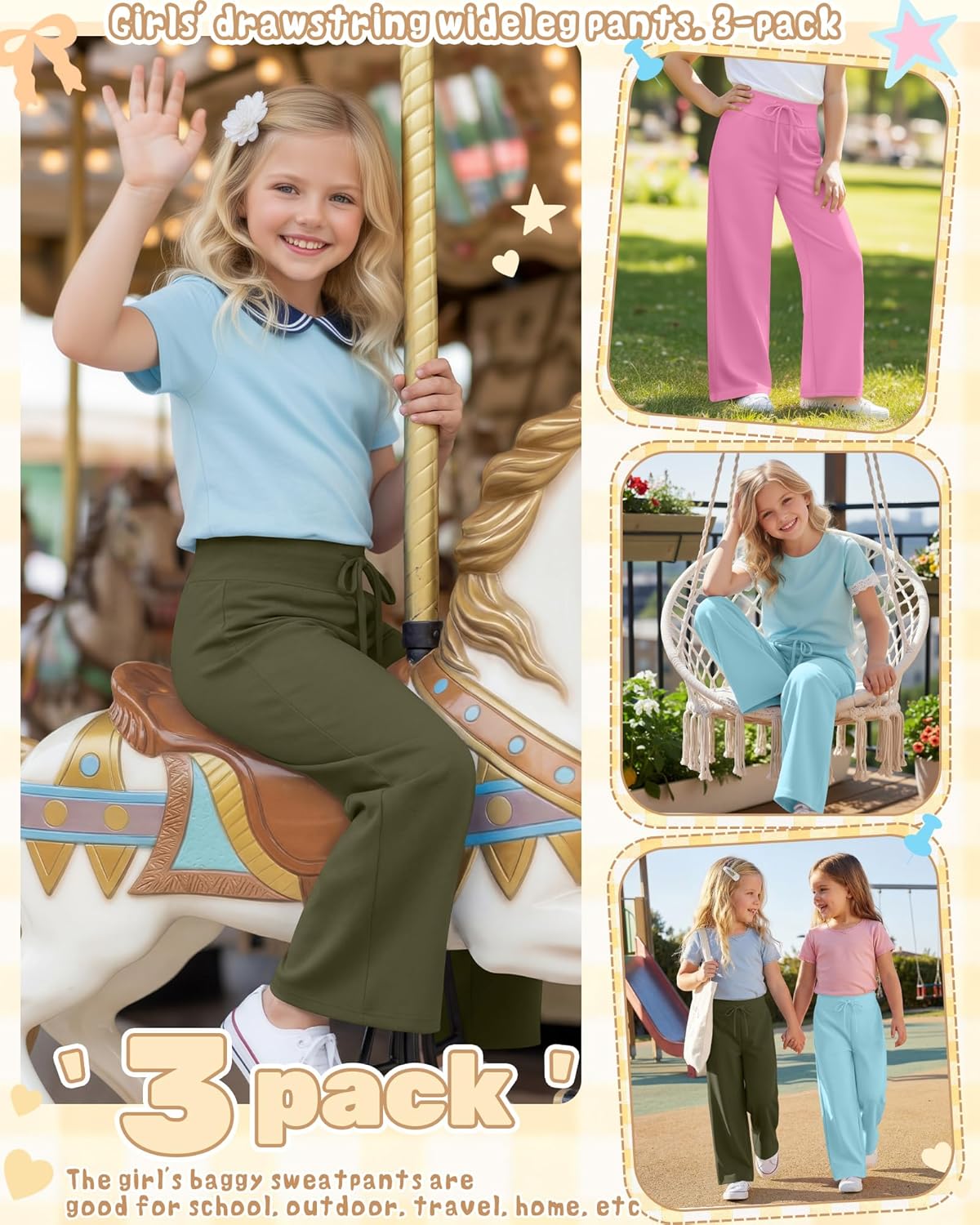 3 Pack Girl's Wide Leg Sweatpants Open Bottom Joggers with Drawstring Casual Baggy Sweat Pants 5-14 Years(Army Green, Pink, Blue,5-6 Years)